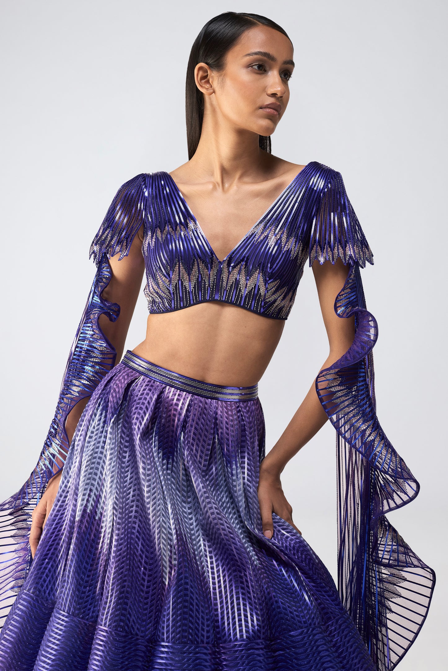 Metallic Glitch Top With Drape And Ombre Skirt