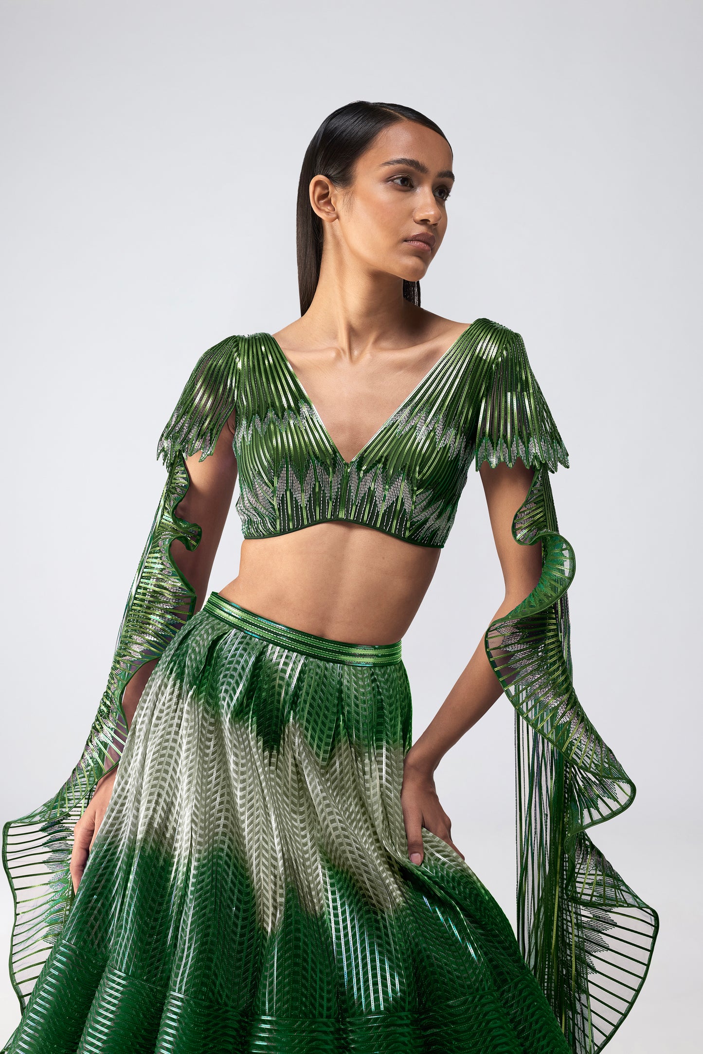 Metallic Glitch Top With Drape And Ombre Skirt
