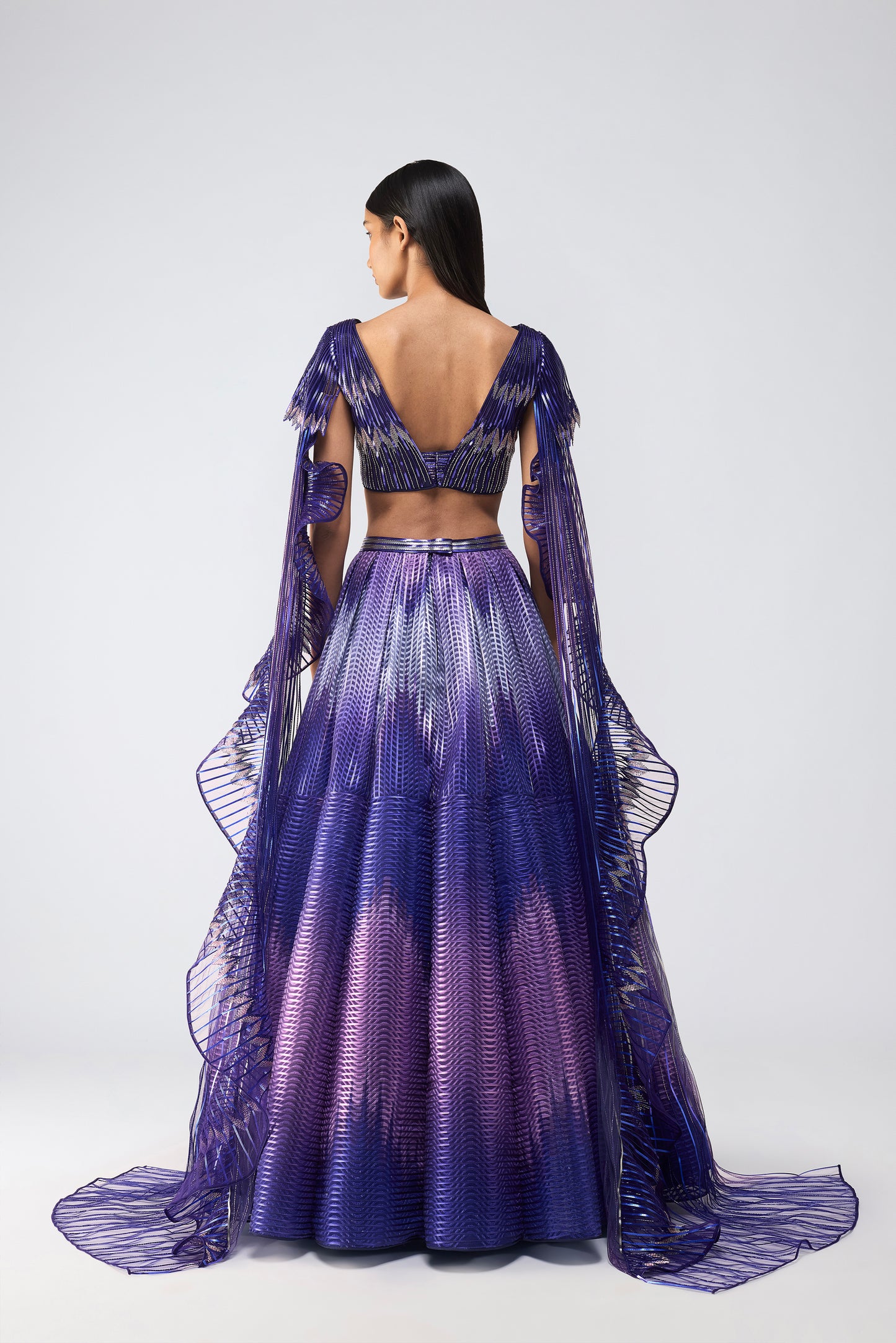 Metallic Glitch Top With Drape And Ombre Skirt
