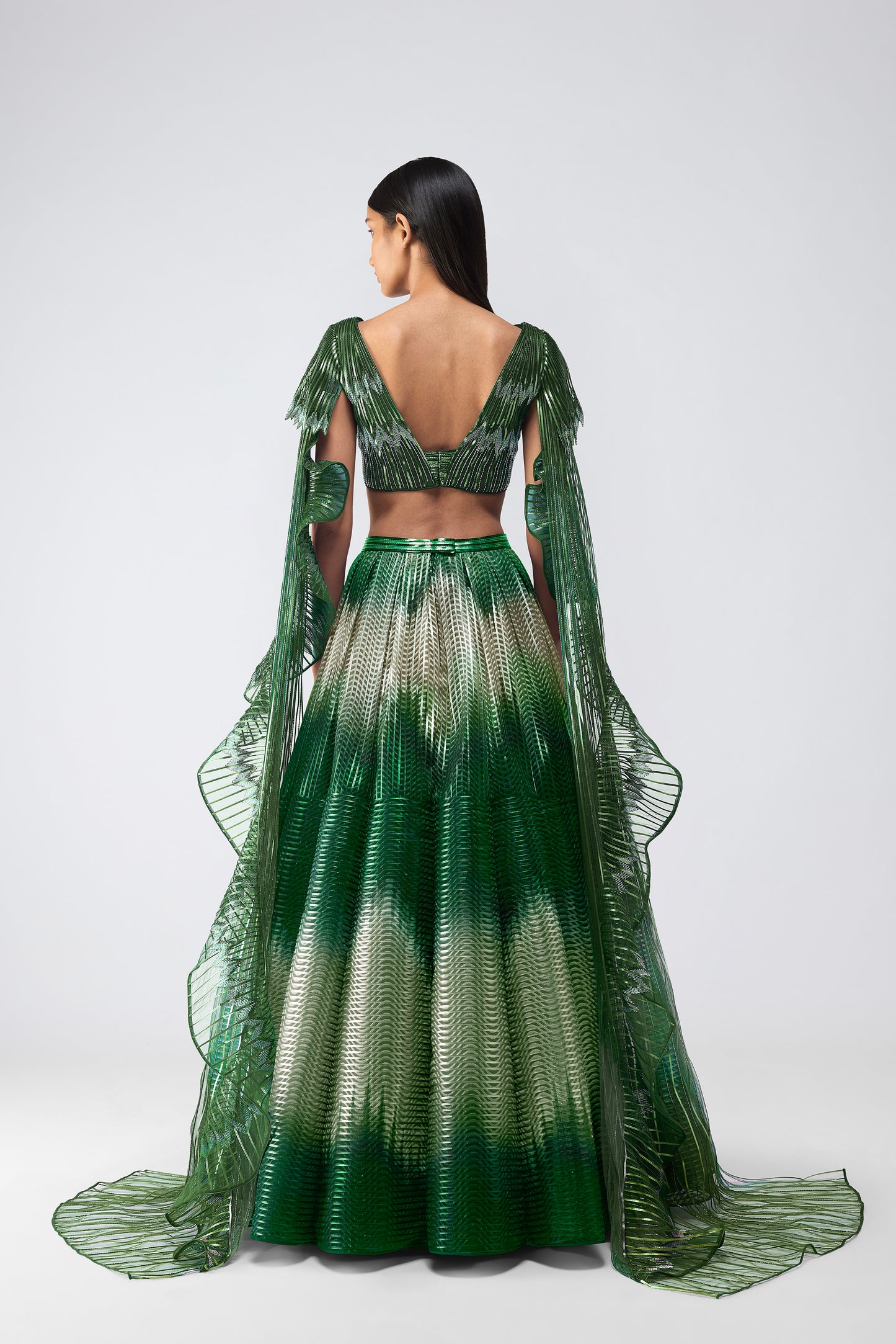 Metallic Glitch Top With Drape And Ombre Skirt