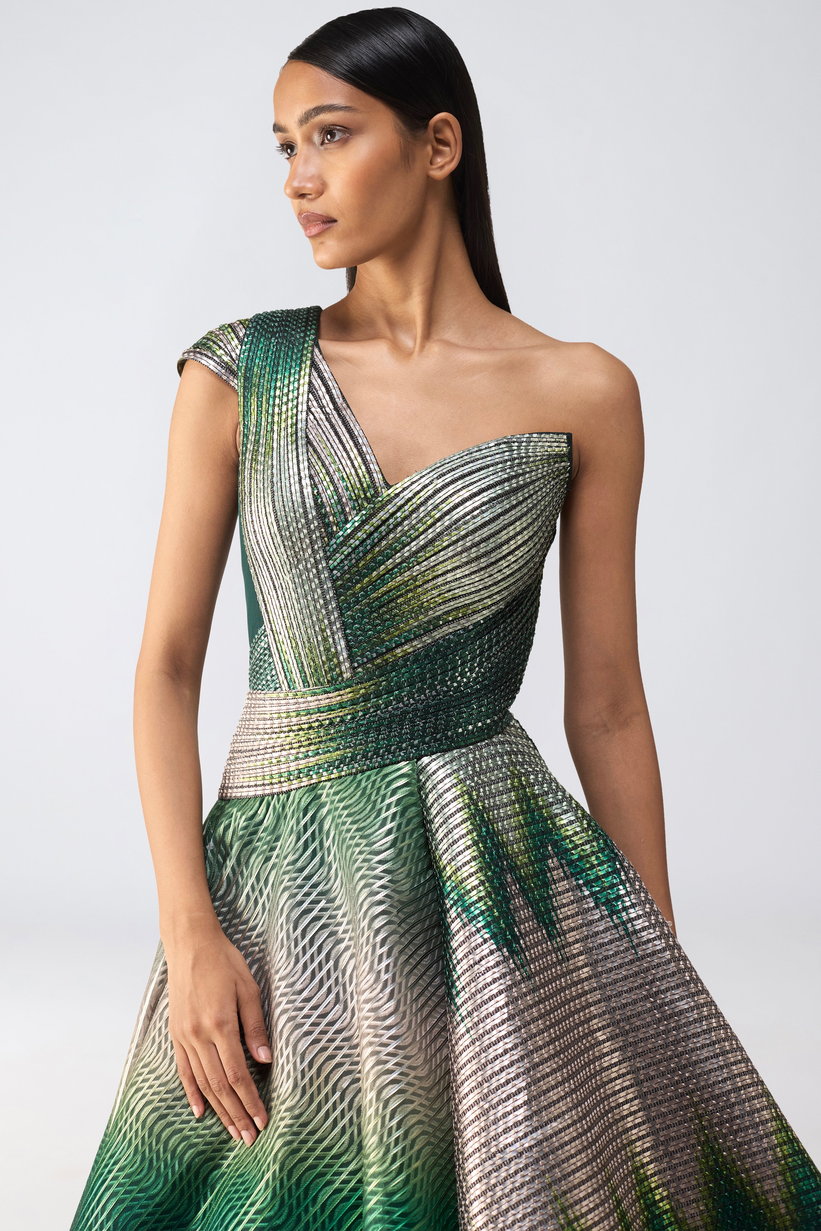 Metallic Glitch Flared Gown