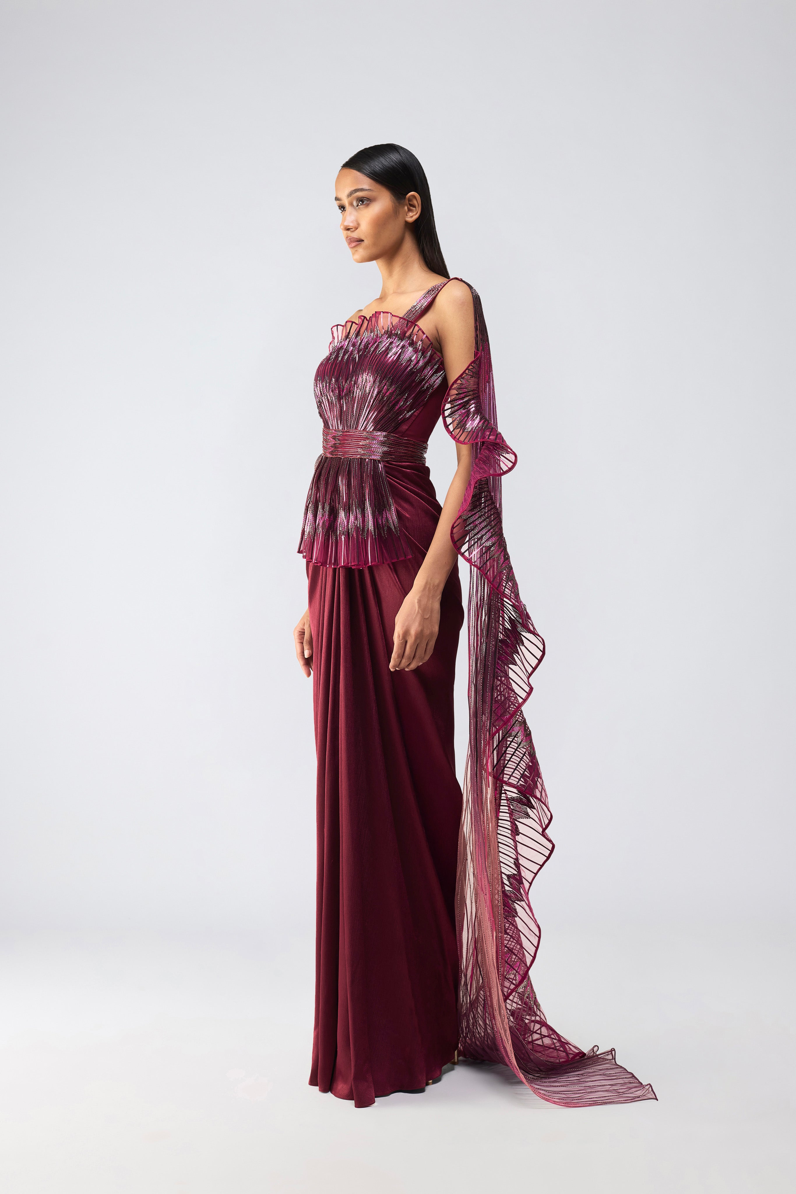 Metallic Glitch Ruffle Gown