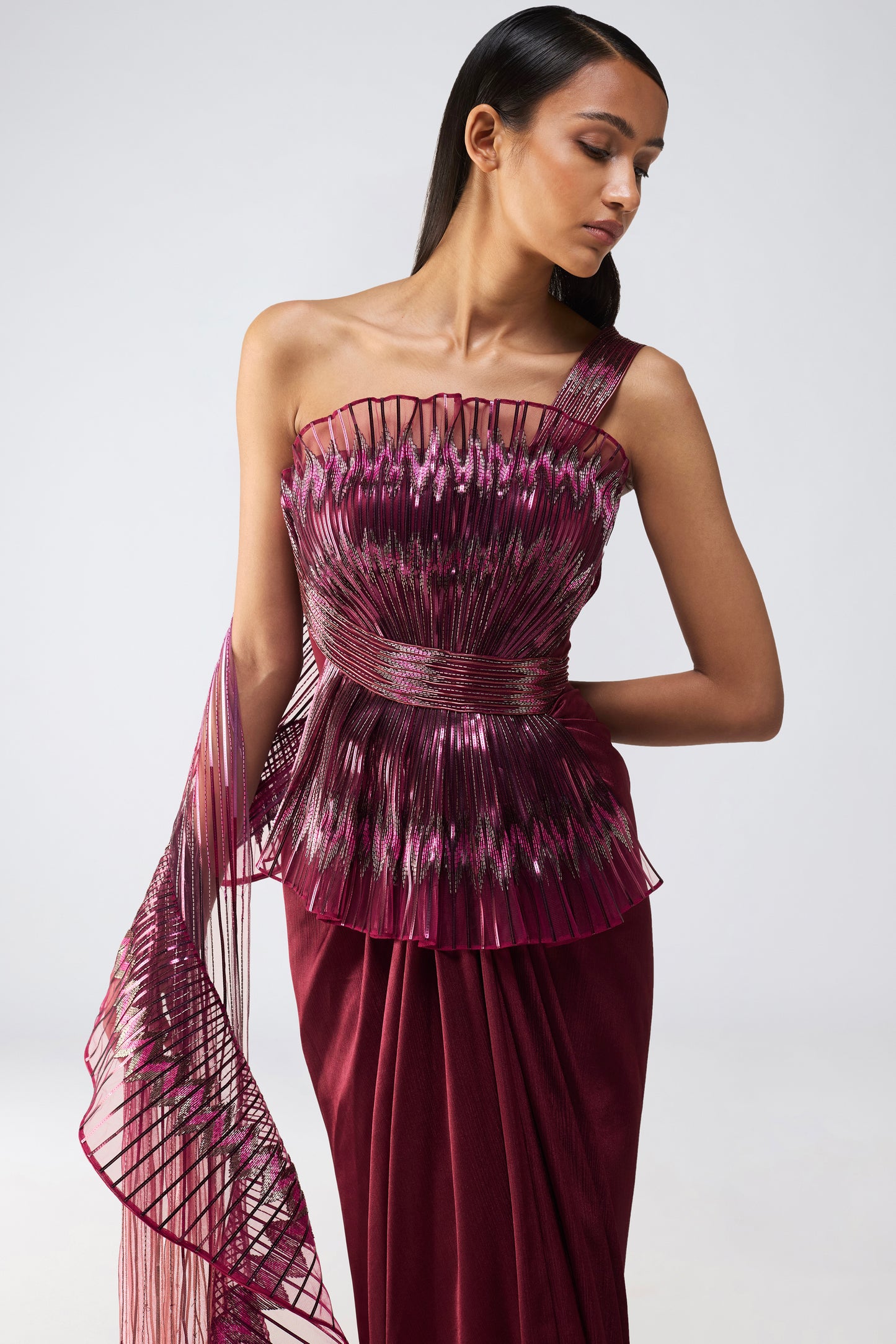 Metallic Glitch Ruffle Gown