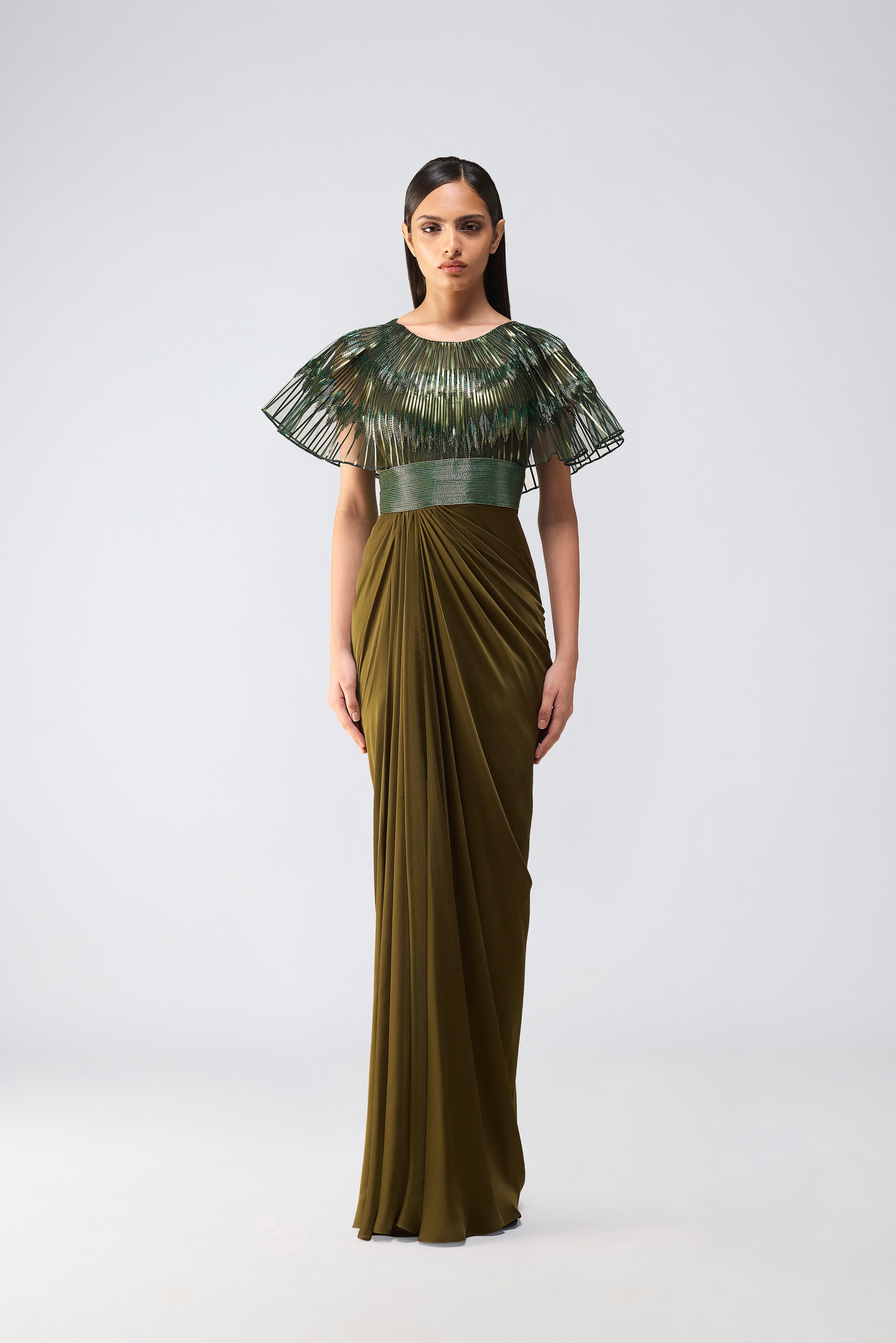 Metallic Glitch Cape Gown