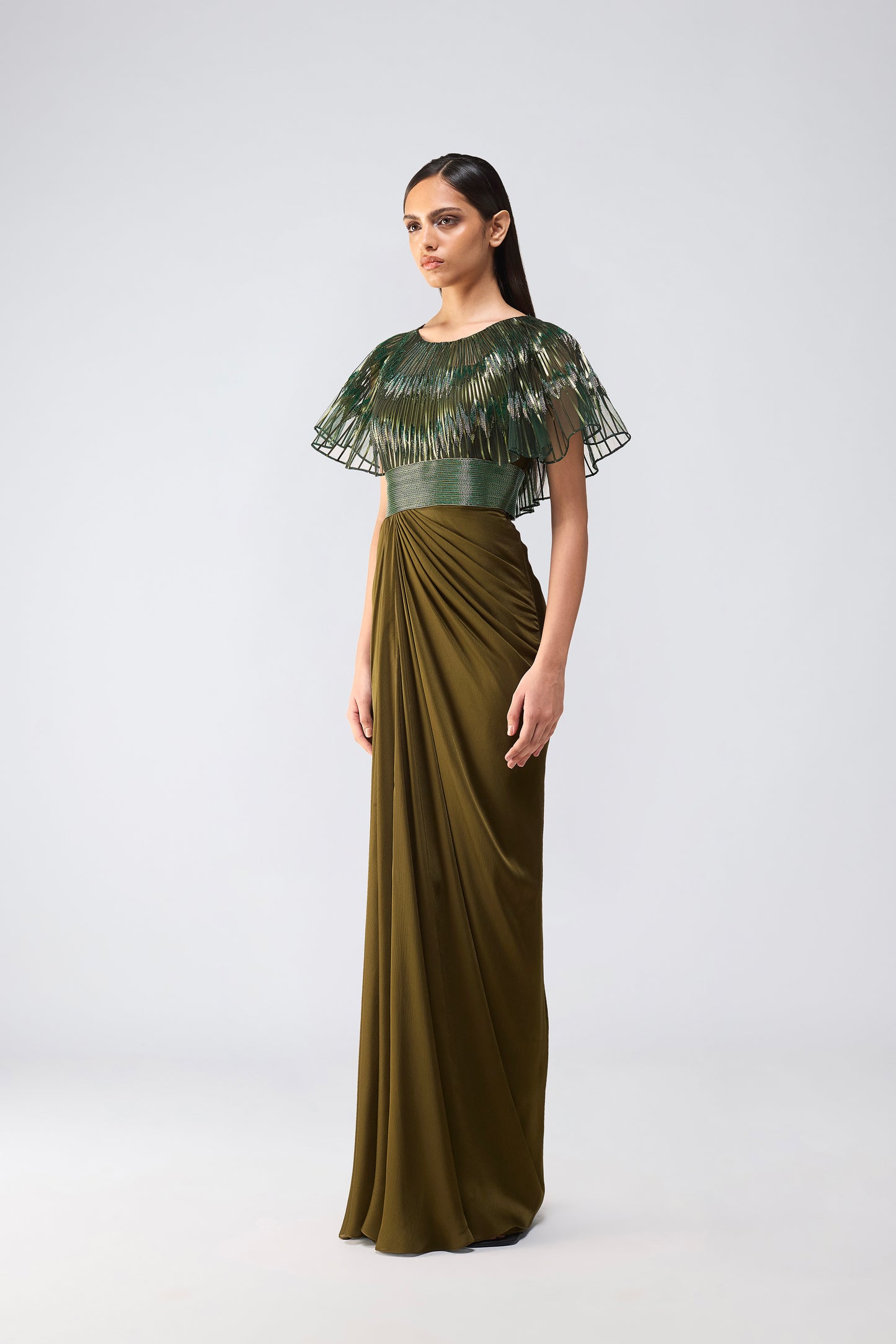 Metallic Glitch Cape Gown