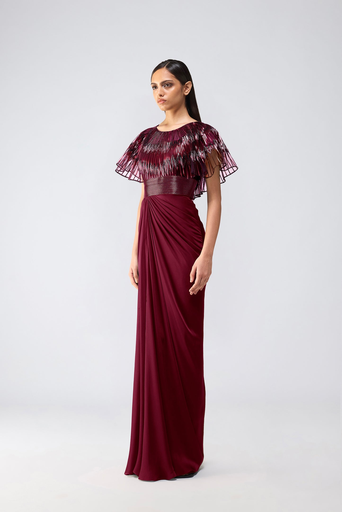 Metallic Glitch Cape Gown