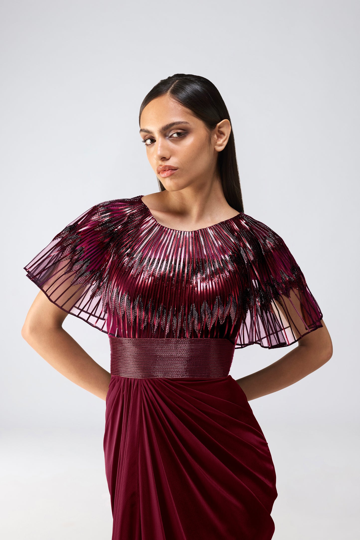 Metallic Glitch Cape Gown