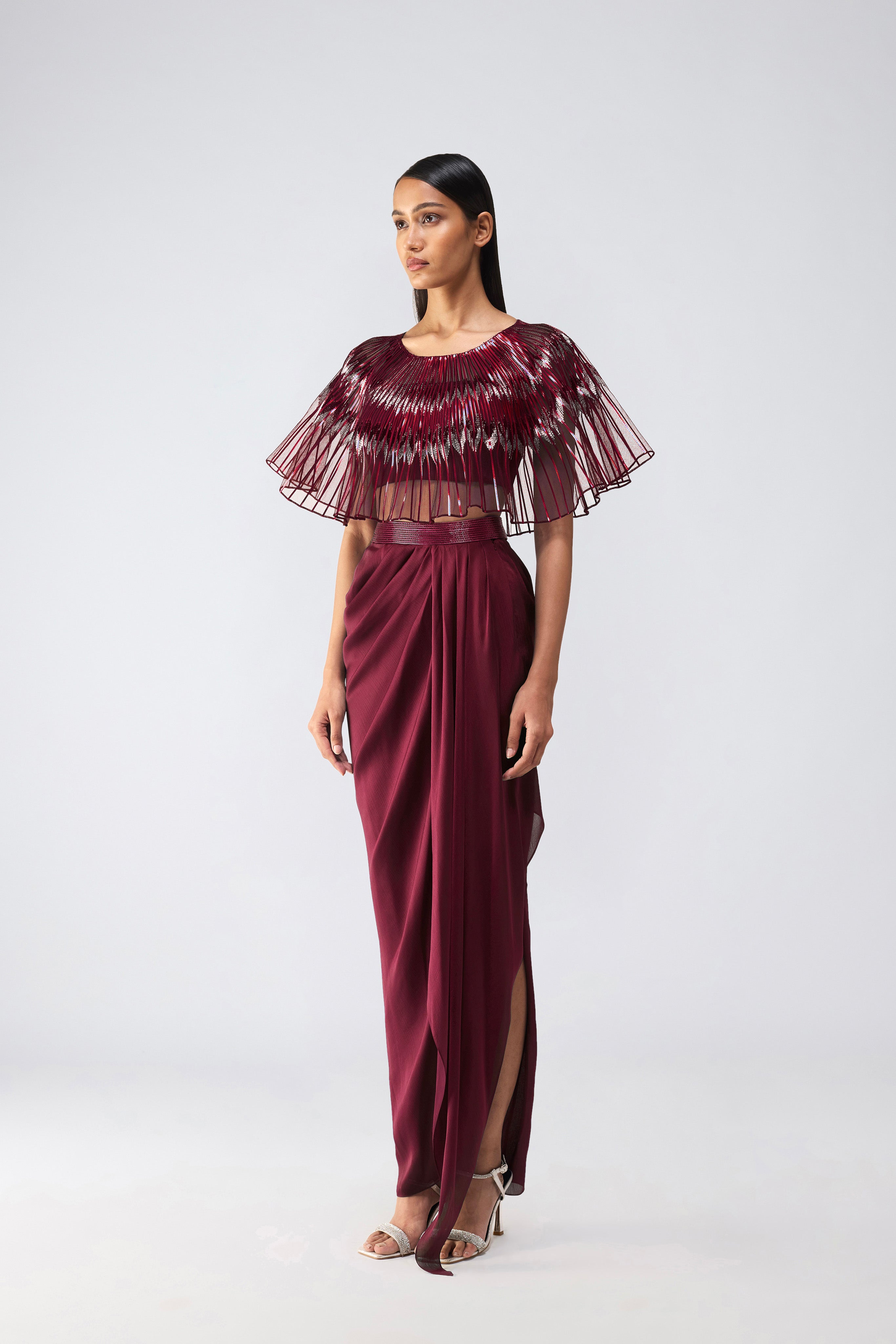 Metallic Glitch Cape And Draped Skirt