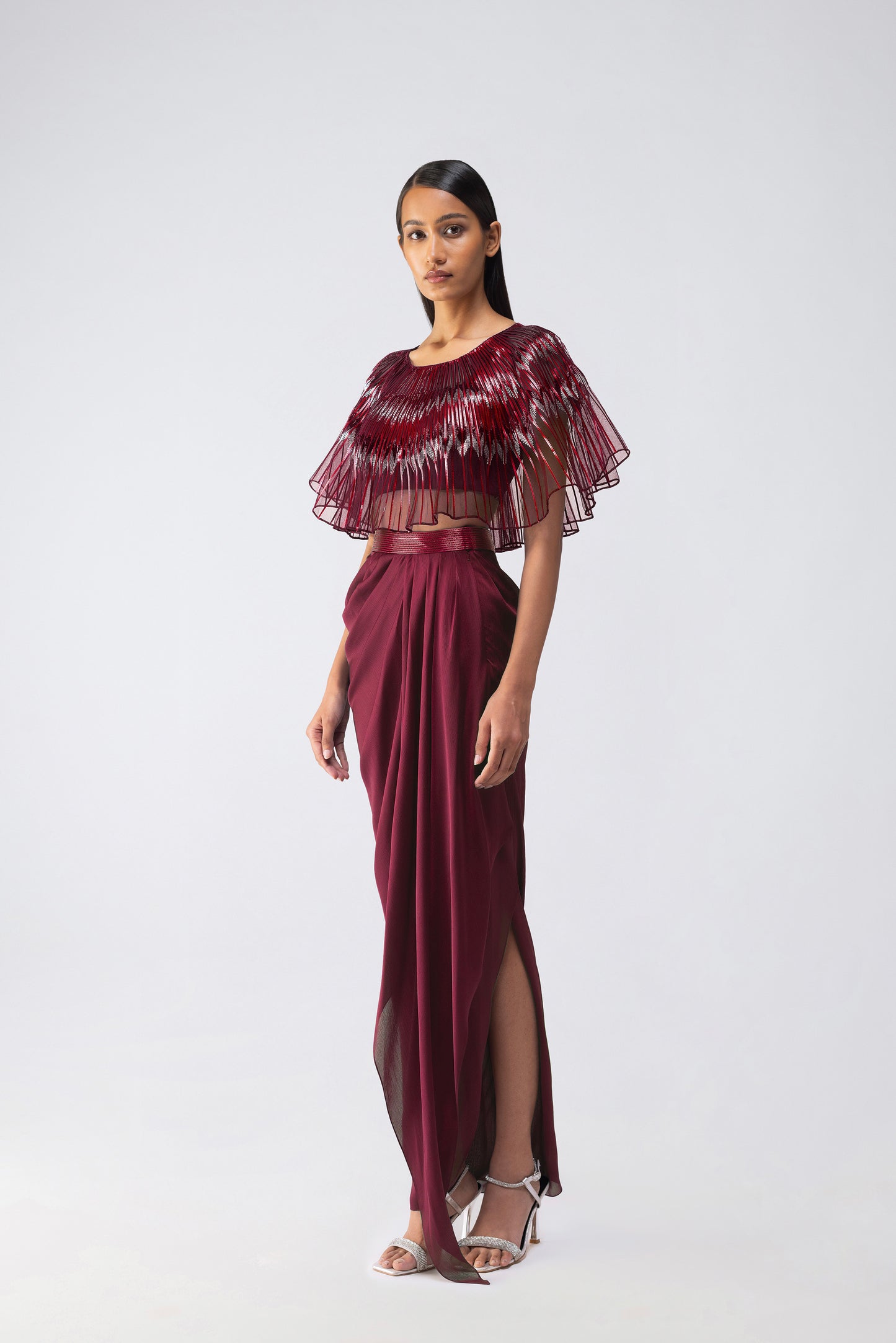 Metallic Glitch Cape And Draped Skirt