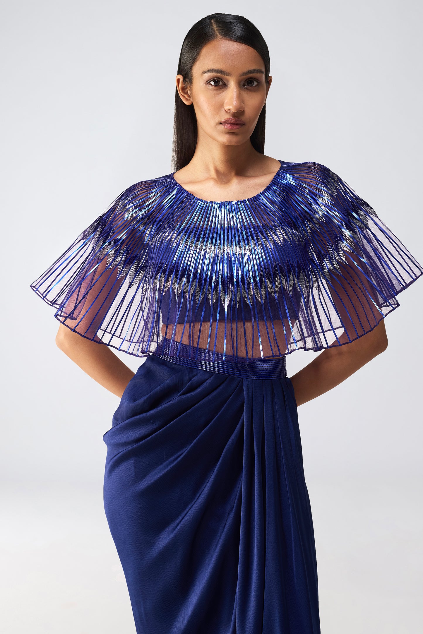 Metallic Glitch Cape And Draped Skirt