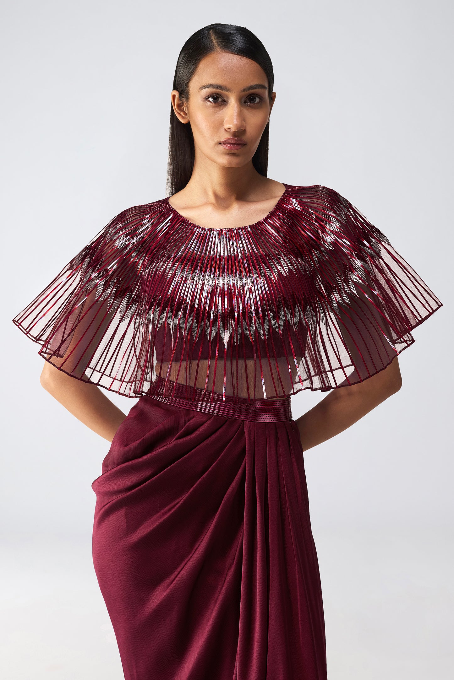 Metallic Glitch Cape And Draped Skirt