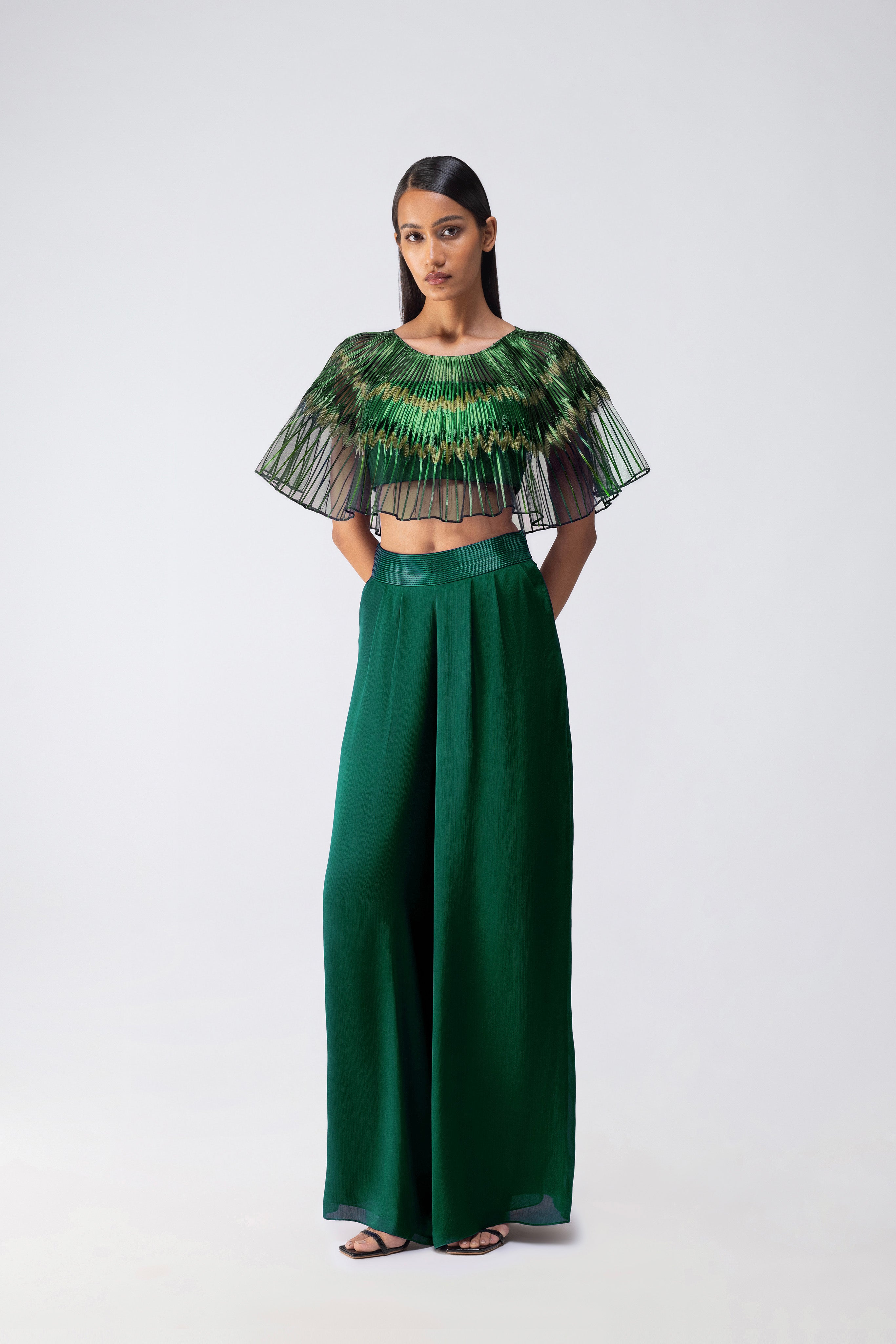 Metallic Glitch Cape Top With Pants