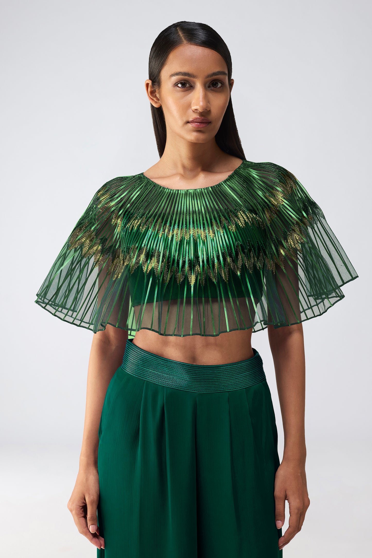 Metallic Glitch Cape Top With Pants