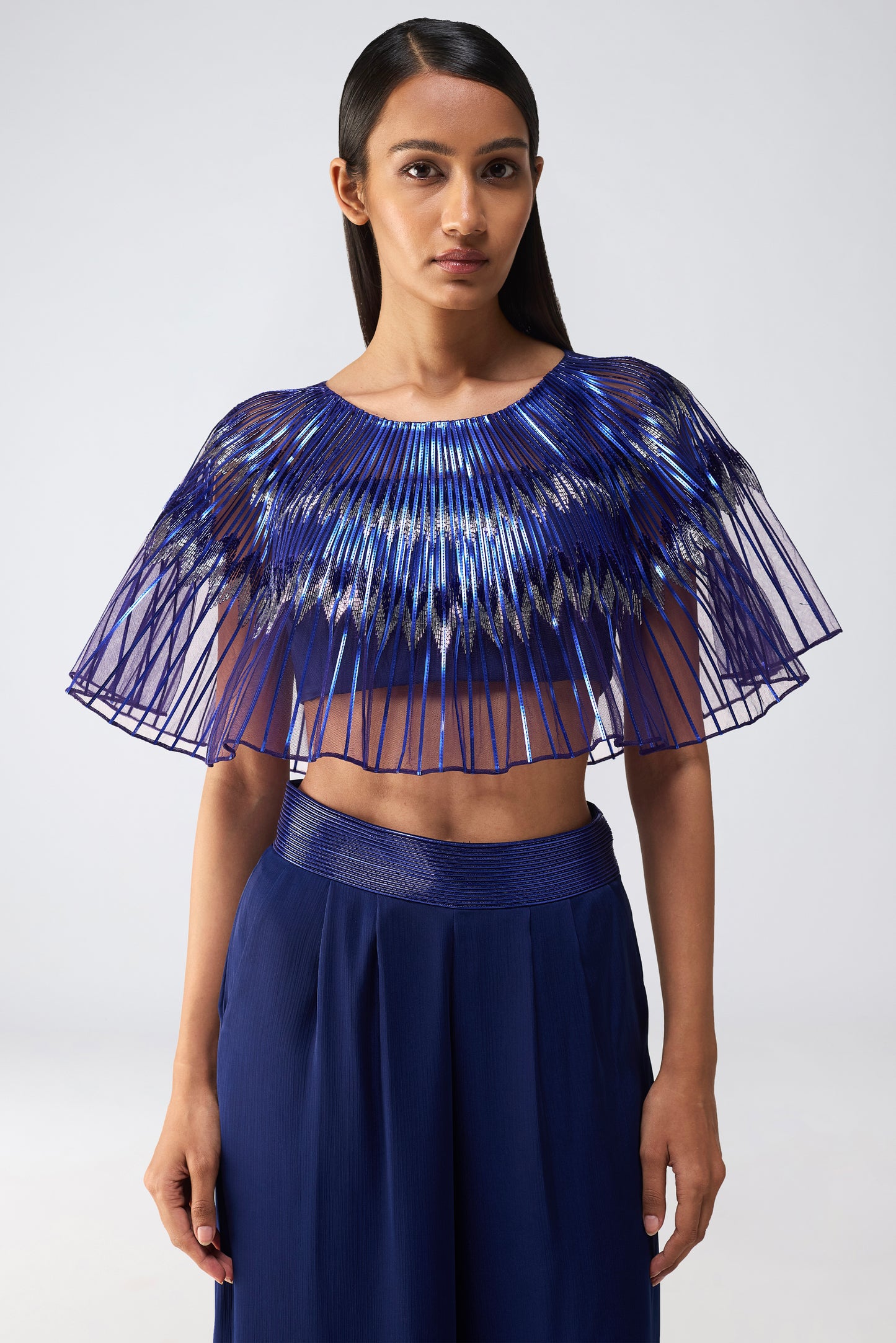 Metallic Glitch Cape Top With Pants