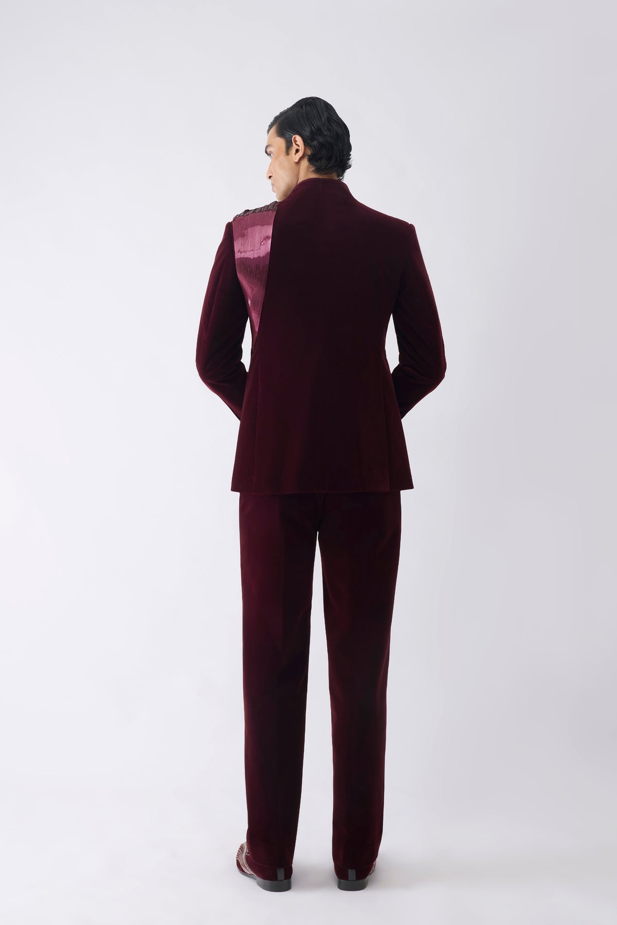 Metallic Micro Pleated Bandhgala Set With Glass Bead Embroidery