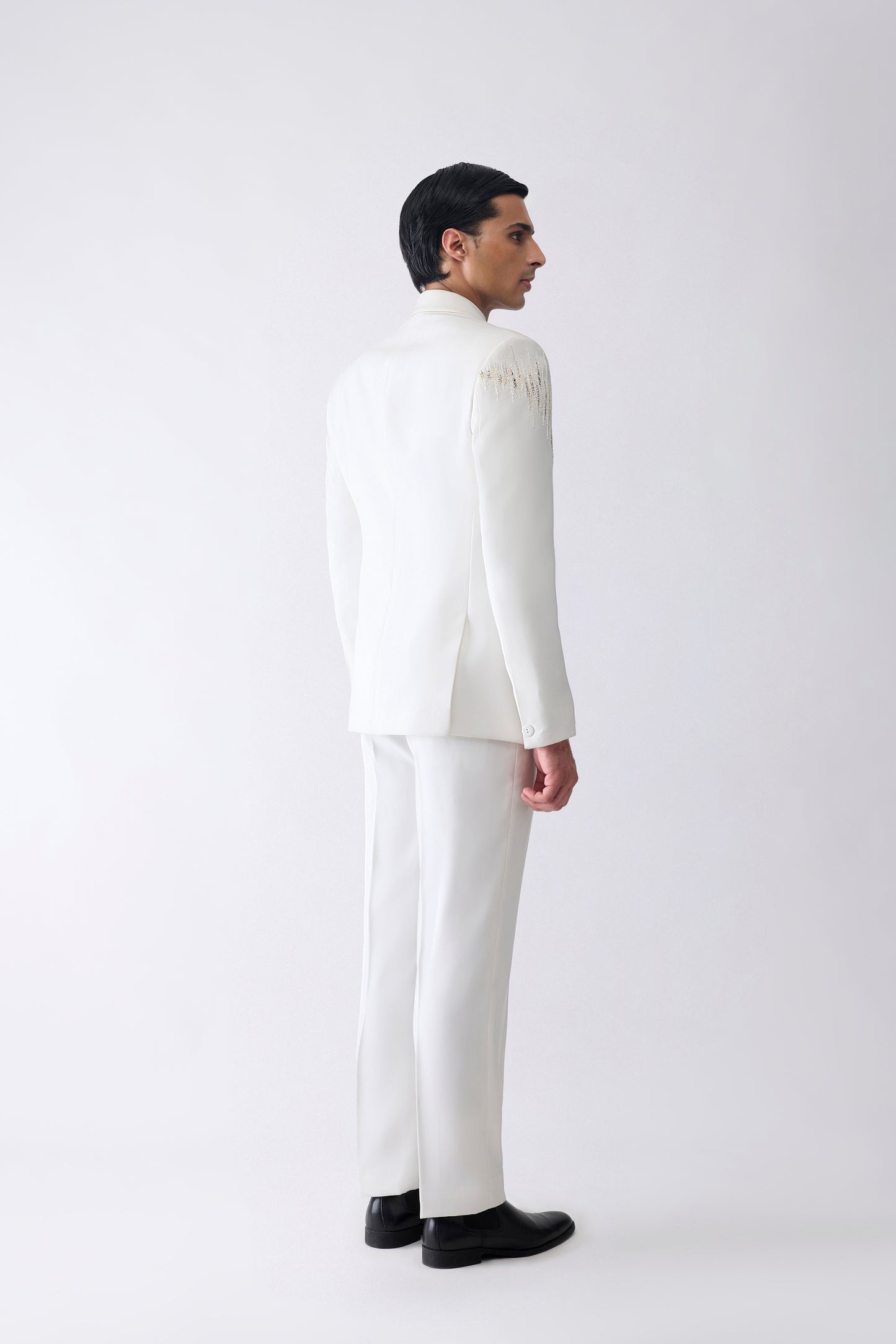 Metallic Micro Pleating Hand Embroidered Tuxedo Set With Glass Beads