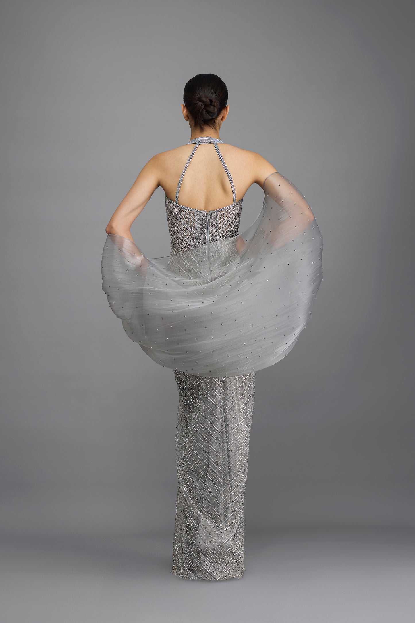Moulded Beaded Gown With Cape