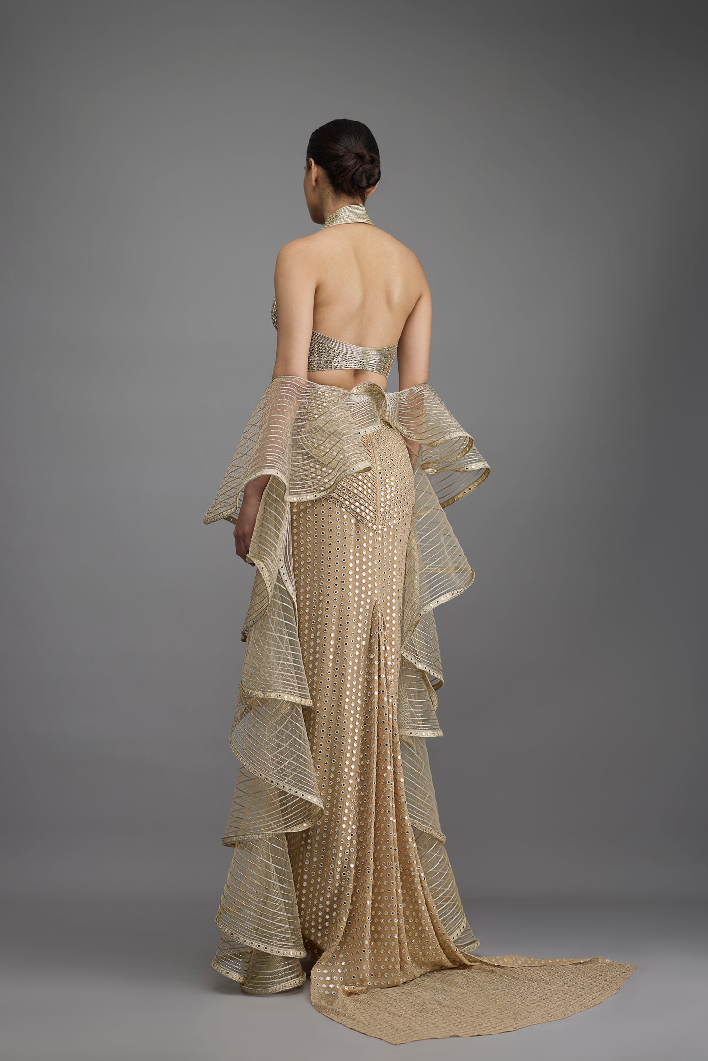Metallic Halter Top With Drape And Skirt