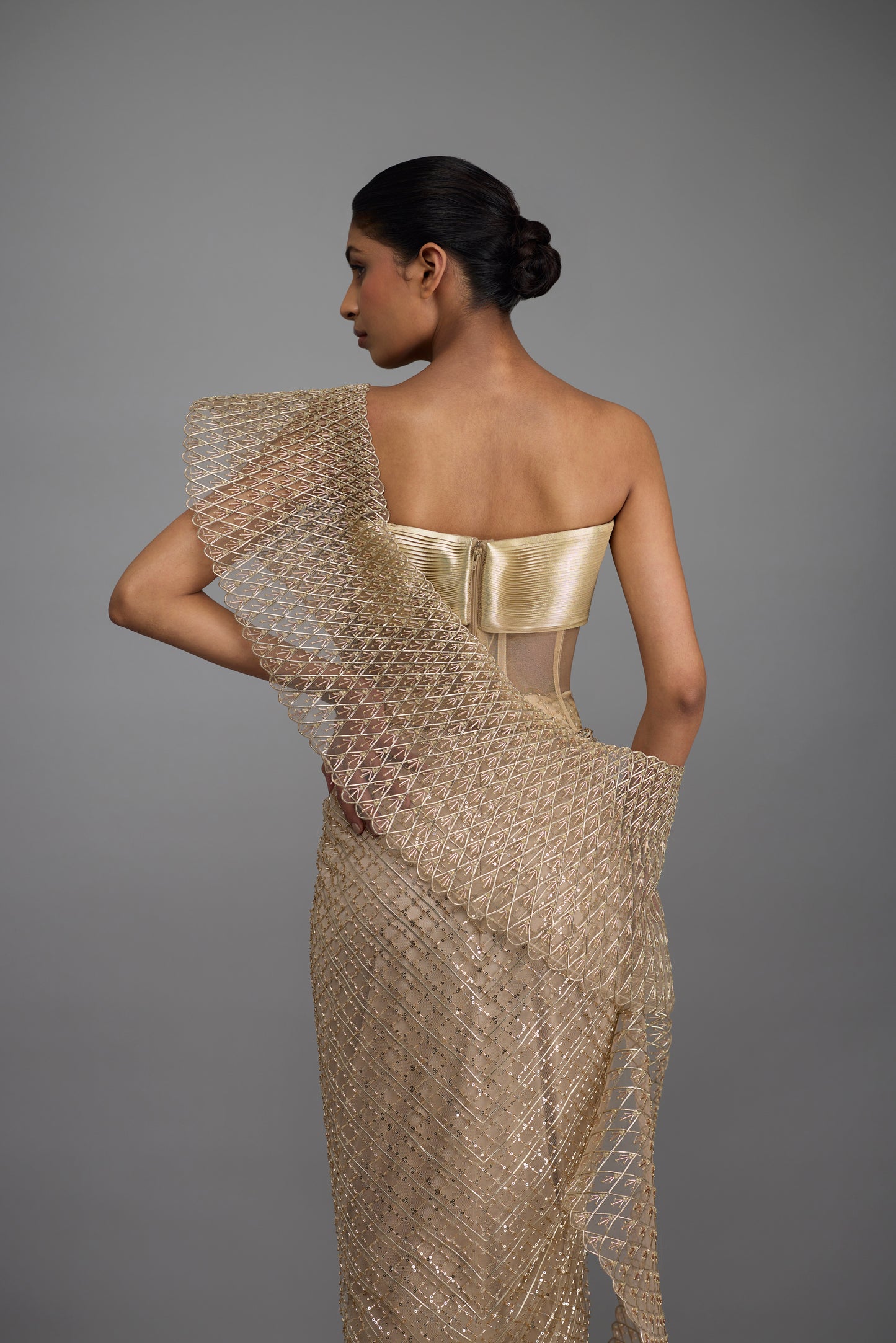 Metallic Corset With Drape And Skirt