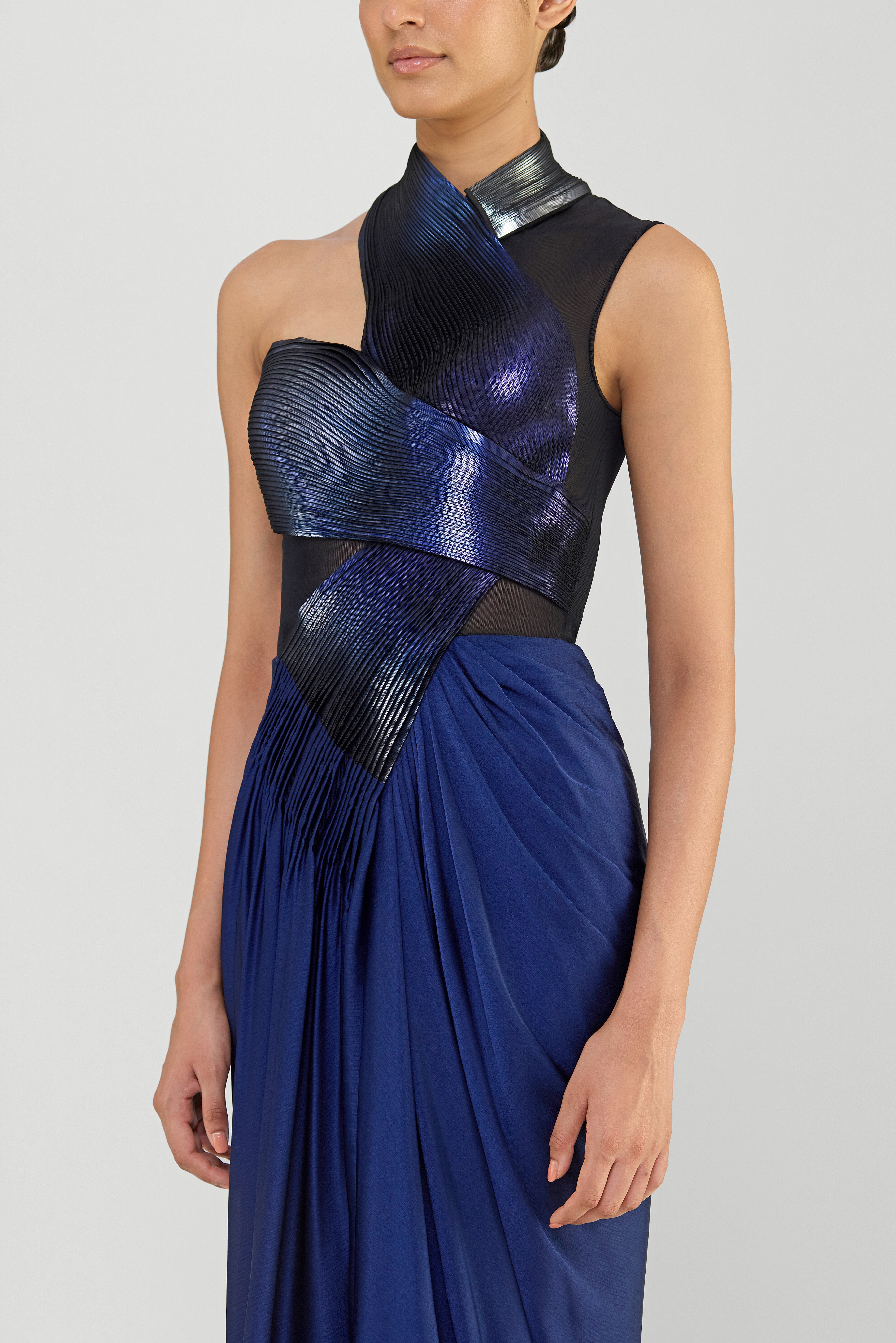 Metallic Gown With Chiffon Drape