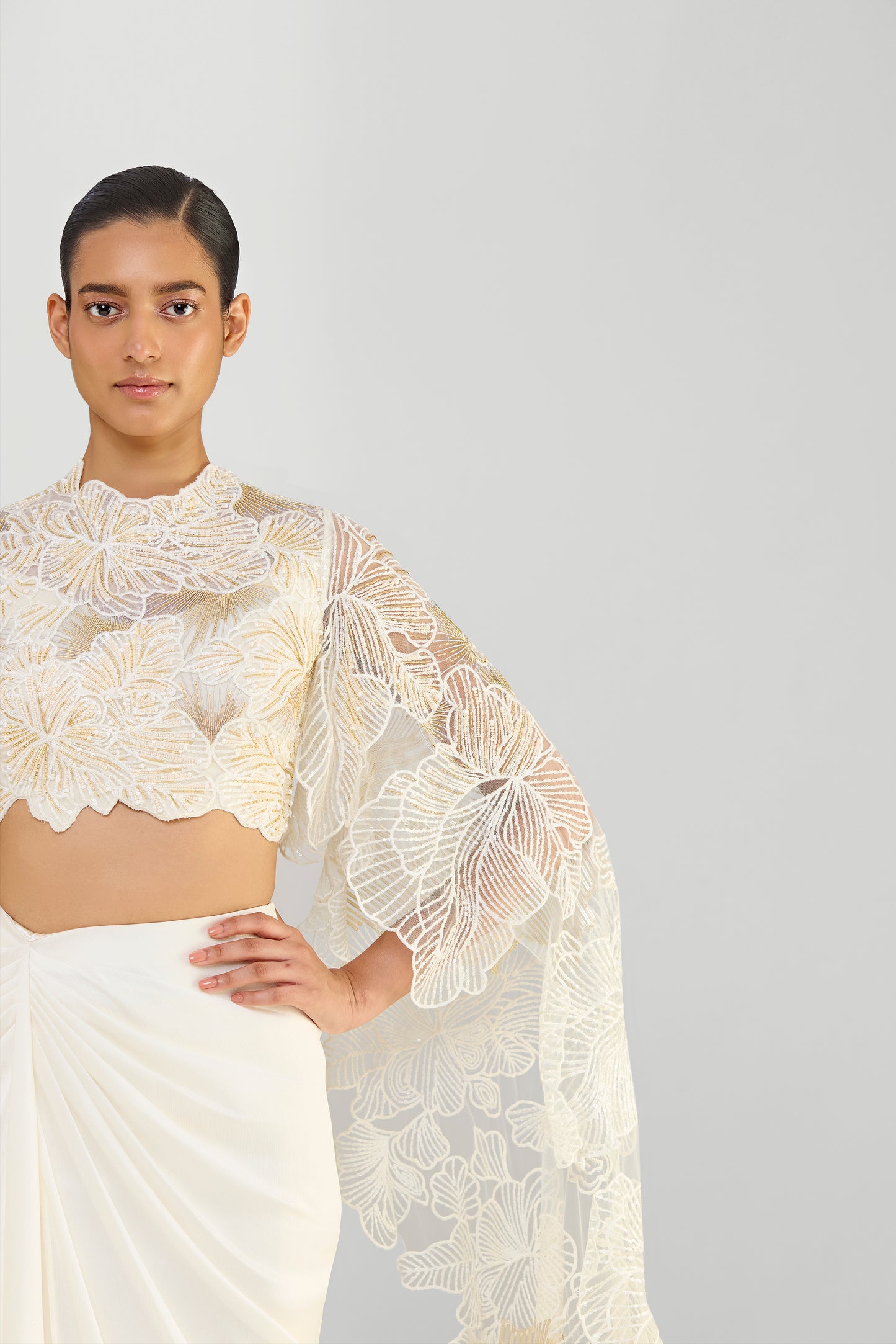 CORDED CORAL BEADED TOP WITH ATTACHED WINGS AND CHIFFON DRAPED SKIRT