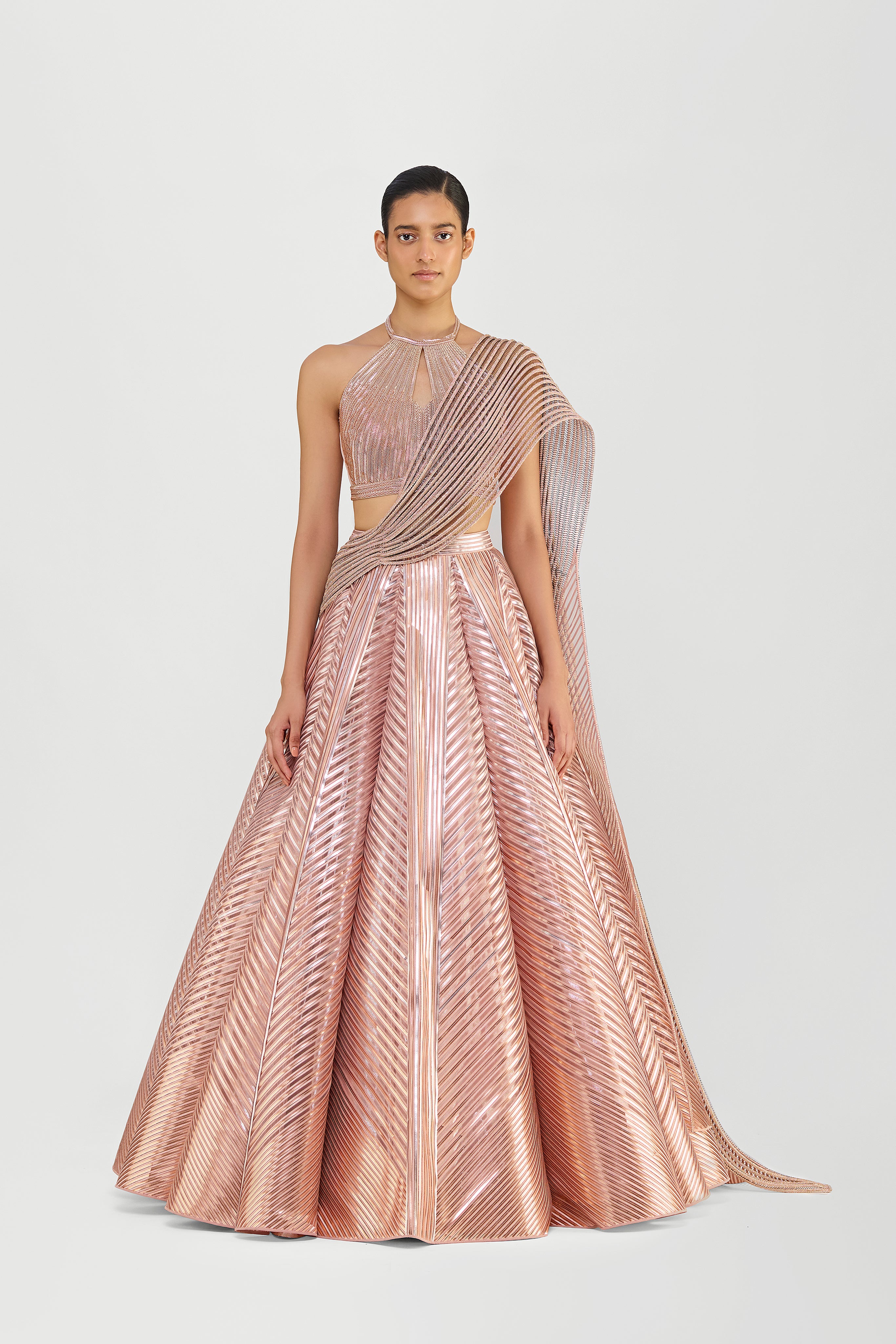 Metallic Fluted Tulle Skirt With A Beaded Halter Top And Crystalvein Drape