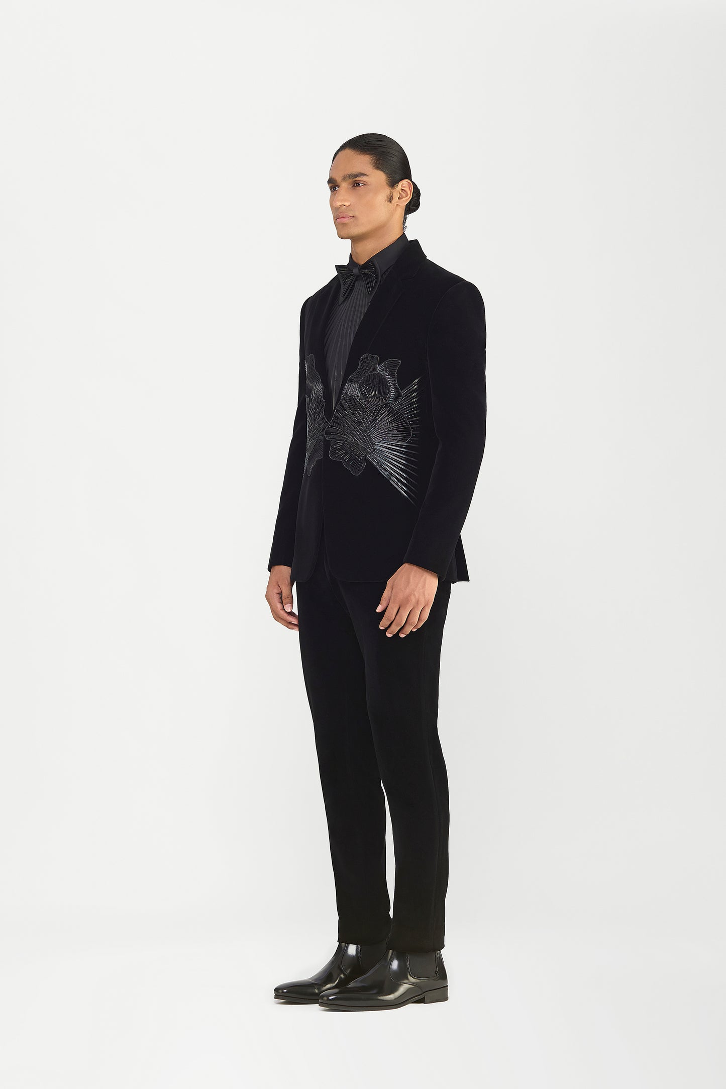 Metallic Tuxedo Set In Velvette With Cording And Glass Beads