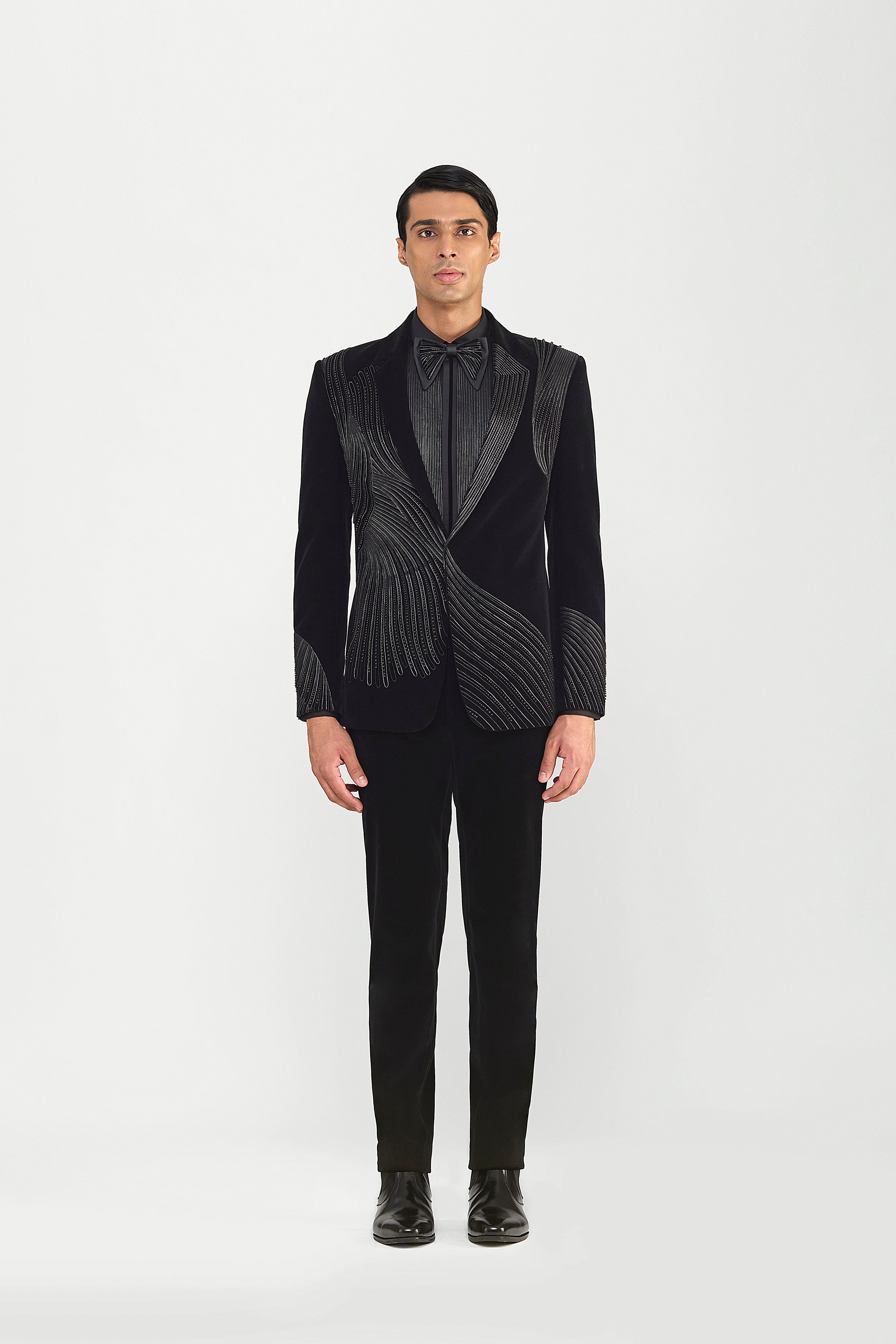 Corded Tuxedo Set In Velvette With Glass Beads