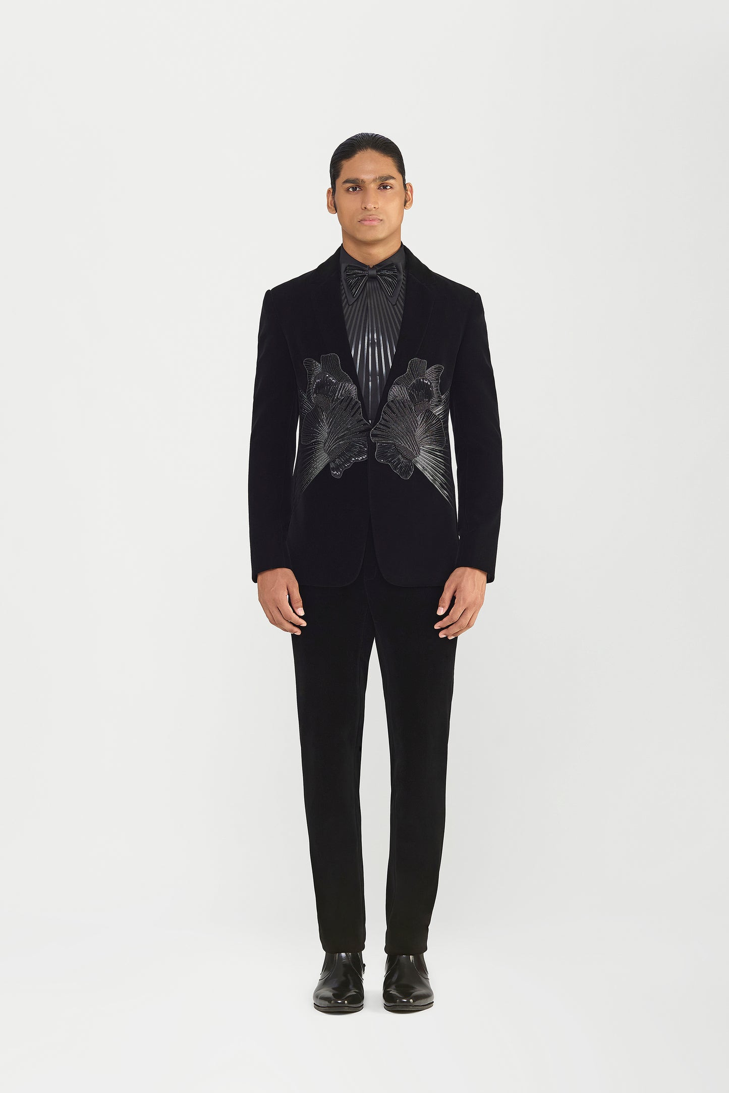Metallic Tuxedo Set In Velvette With Cording And Glass Beads