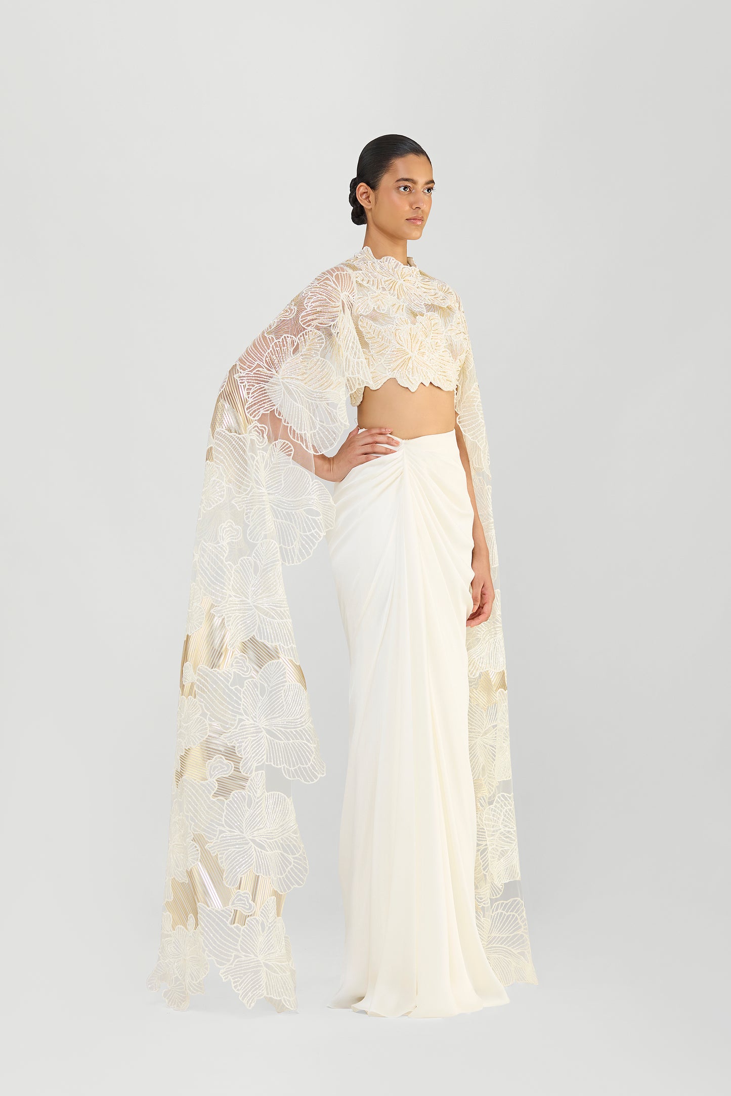 CORDED CORAL BEADED TOP WITH ATTACHED WINGS AND CHIFFON DRAPED SKIRT
