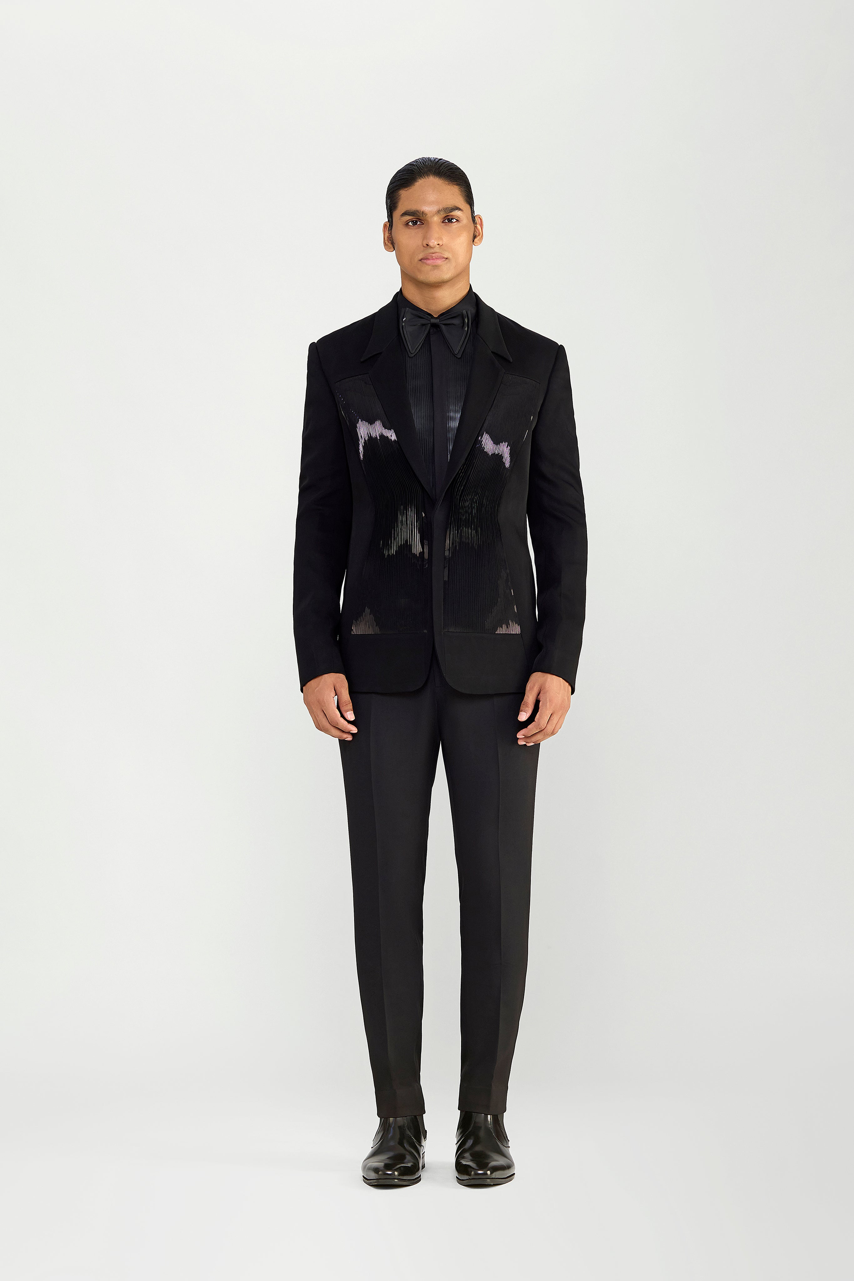 Metallic Micropleated Tuxedo Set In Satin Crepe