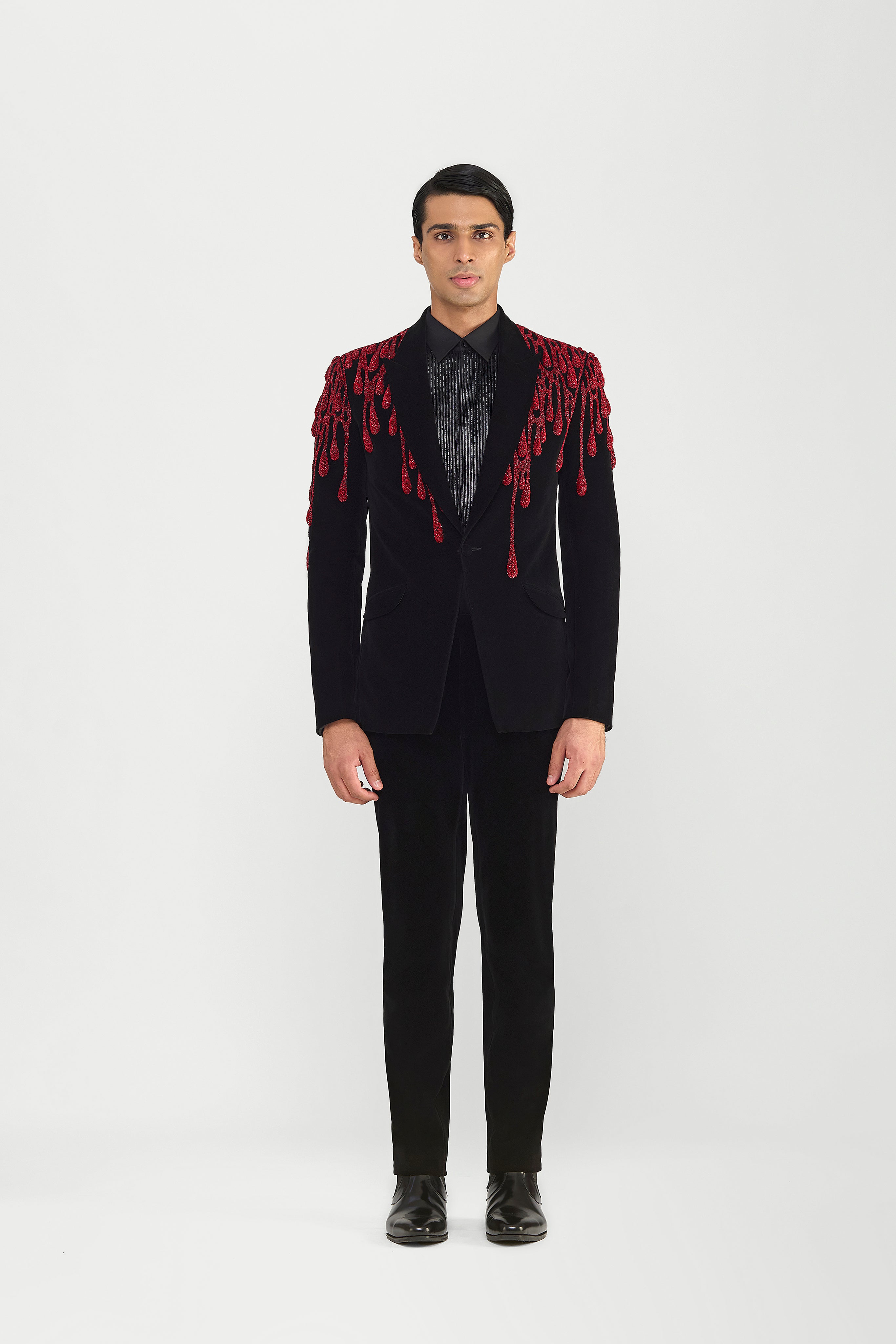 Red Drip Embroidery Tuxedo Set In Velvette