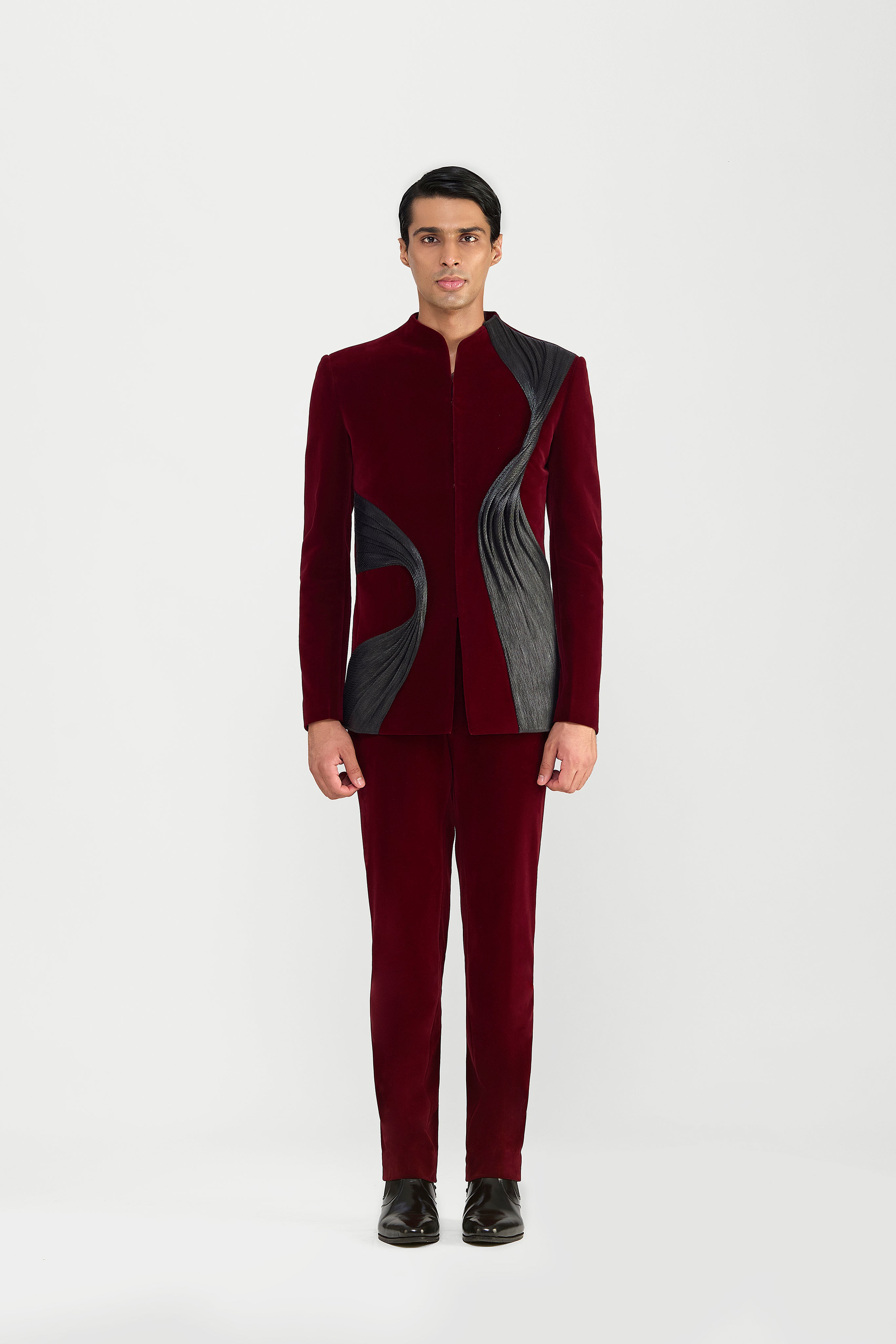 Bandhgala Set In Velvette With Hand Woven Textile