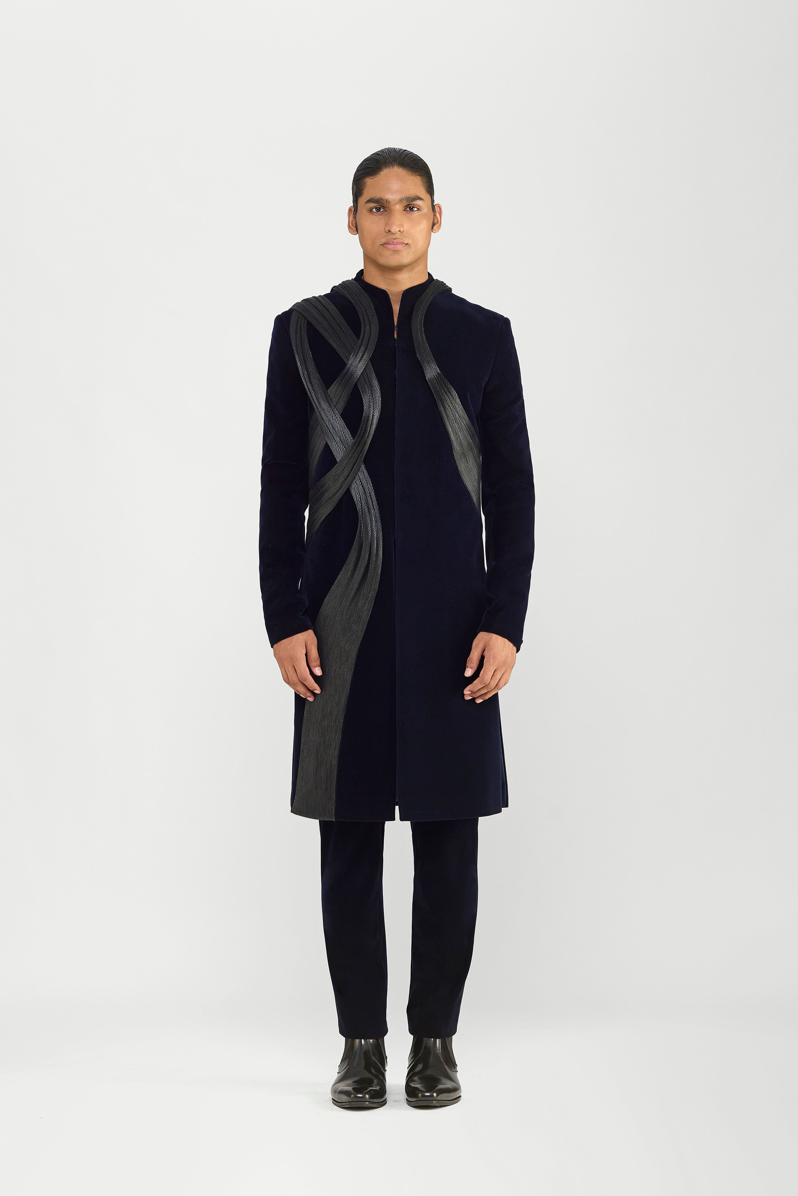 Long Jacket Set In Velvette With Hand Woven Textile