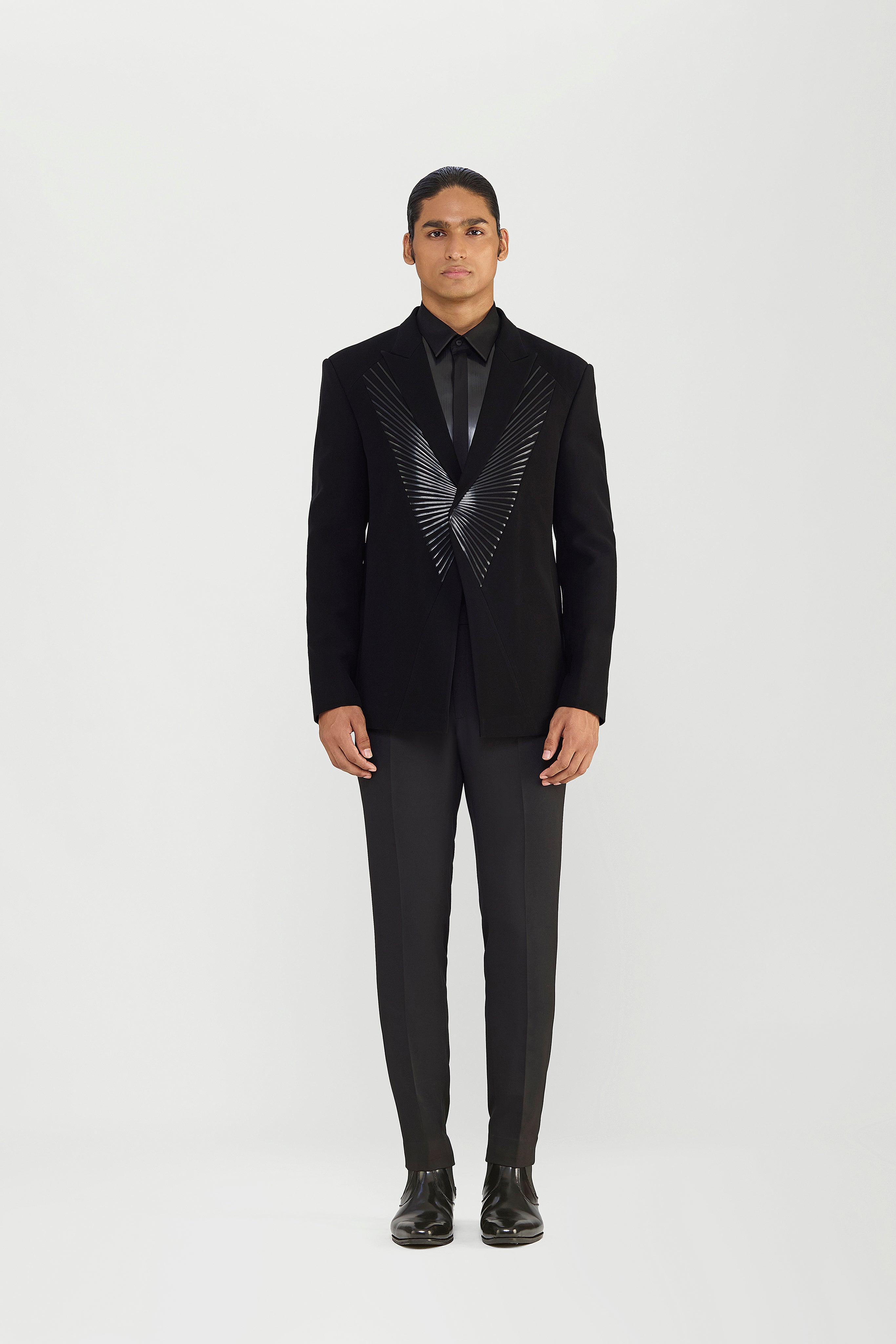 Metallic Paterned Tuxedo Set In Satin Crepe