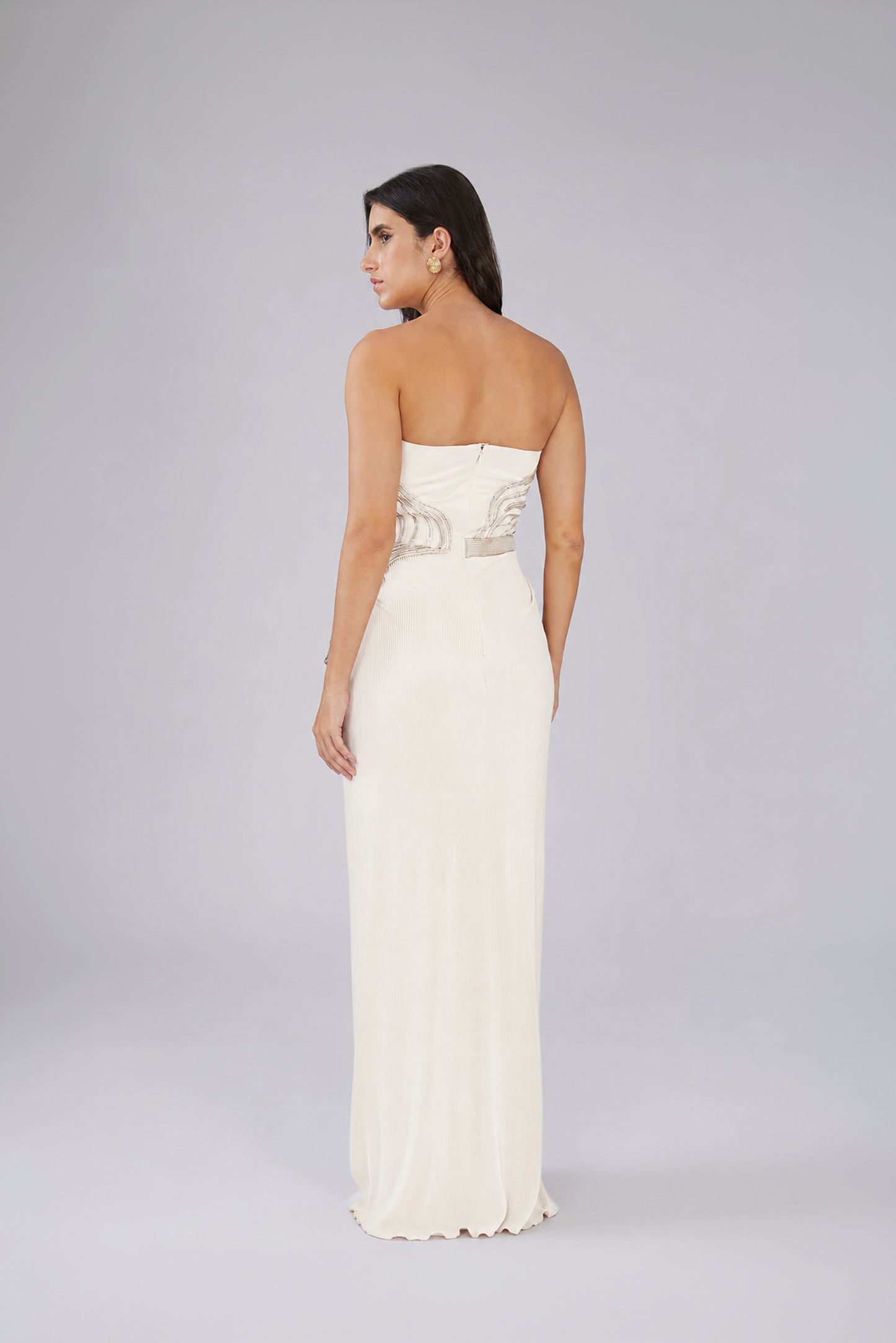 Moulded Off-Shoulder Plisse Gown