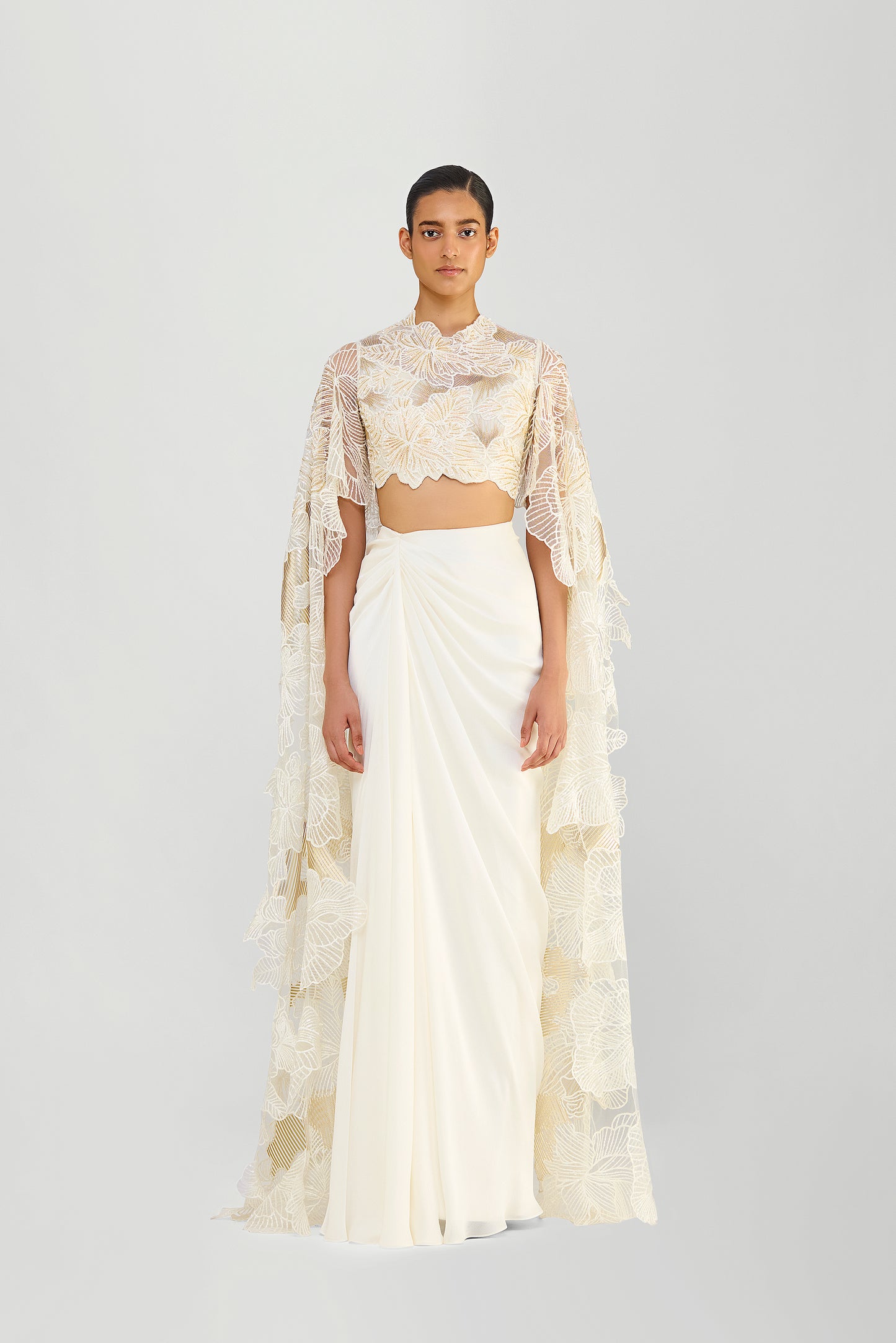 CORDED CORAL BEADED TOP WITH ATTACHED WINGS AND CHIFFON DRAPED SKIRT