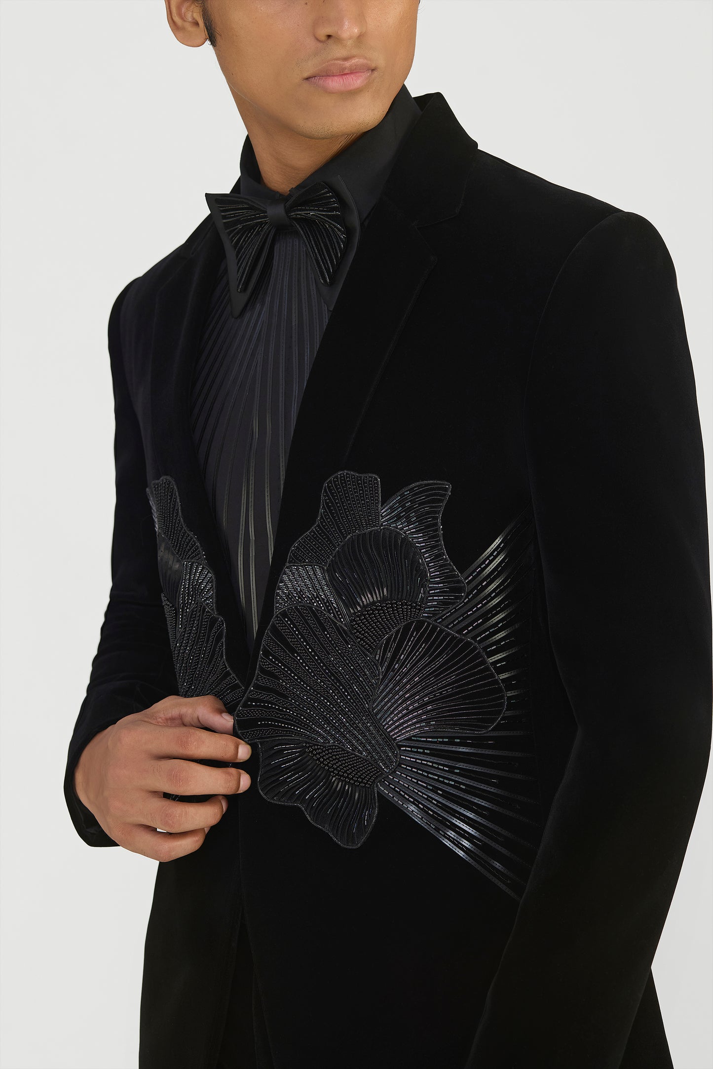Metallic Tuxedo Set In Velvette With Cording And Glass Beads