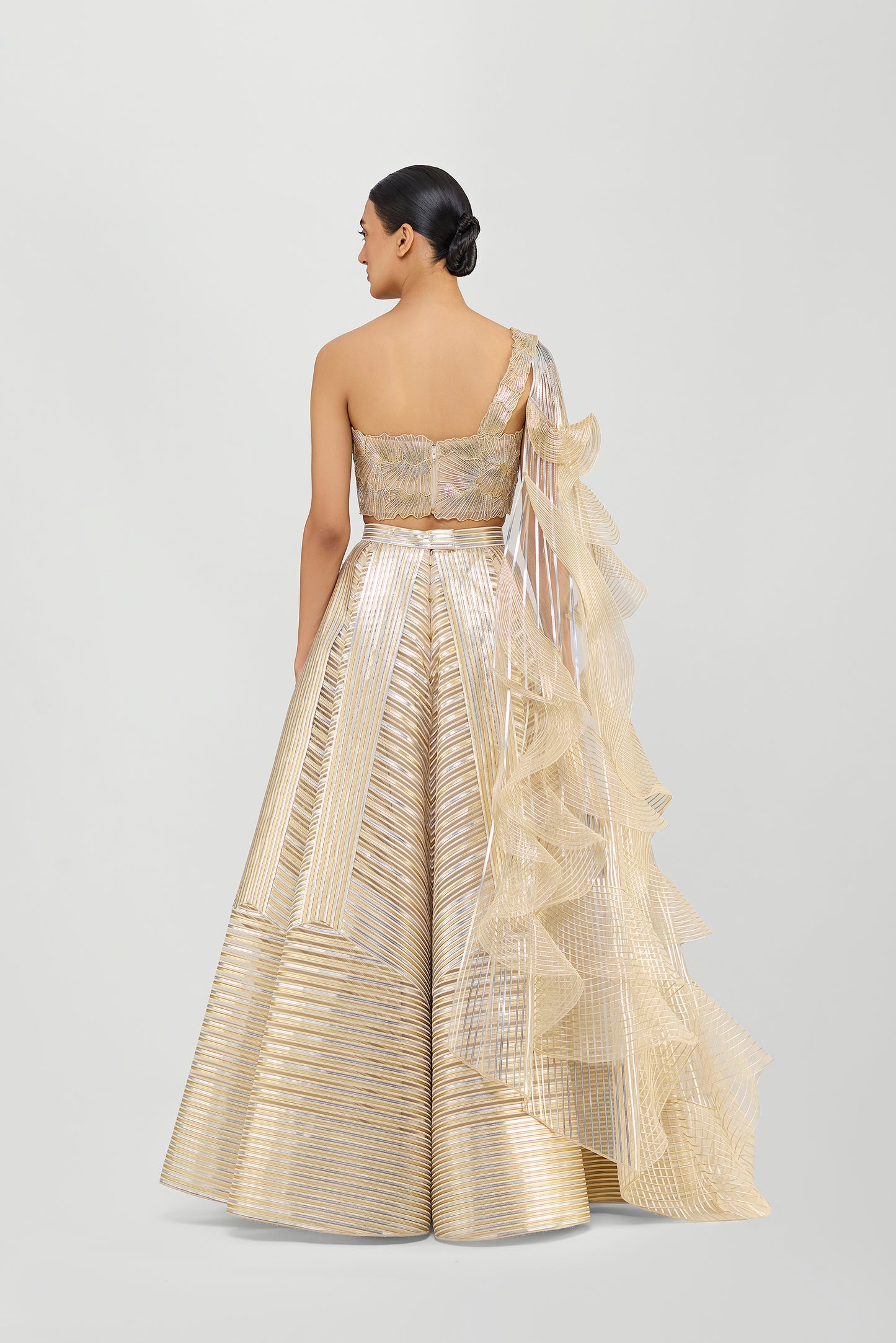 STRUCTURED OFF THE SHOULDER CORDED CORAL TOP WITH METALLIC RUFFLE DRAPE