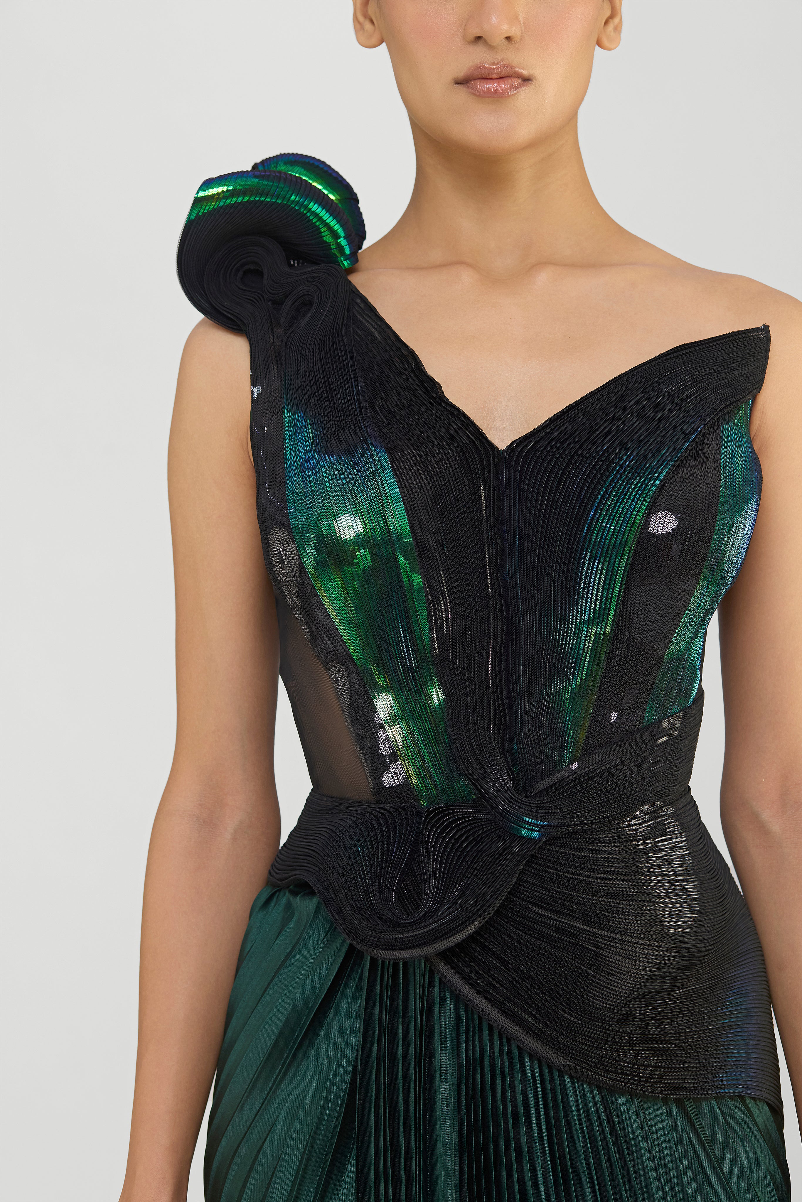 Metallic Gown With Plisse Drape