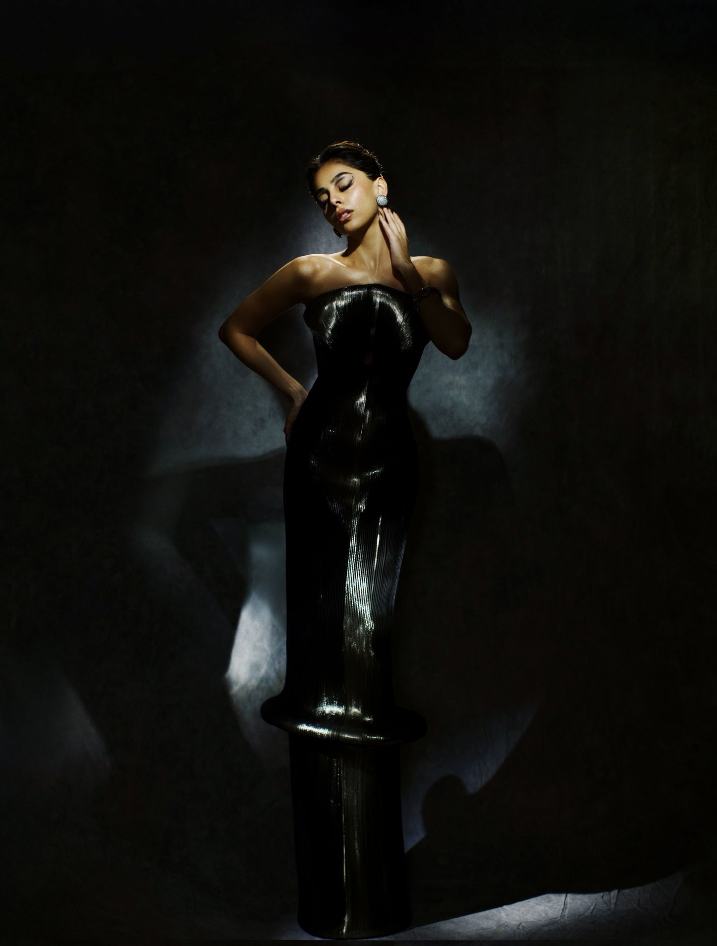 Metallic Micro Pleated Undulating Gown