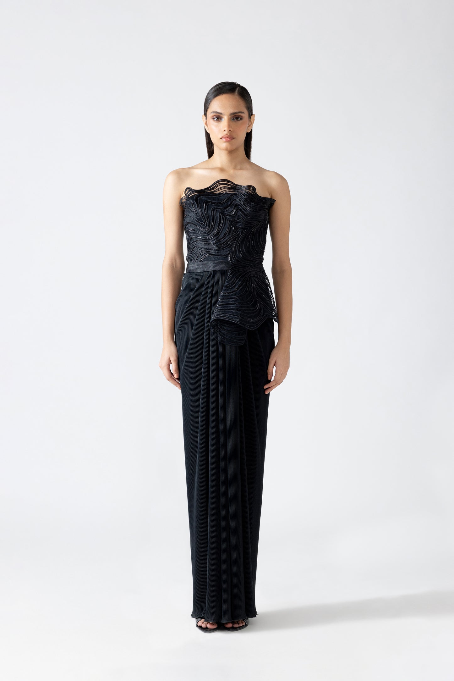 Moulded Off-Shoulder Plisse Gown