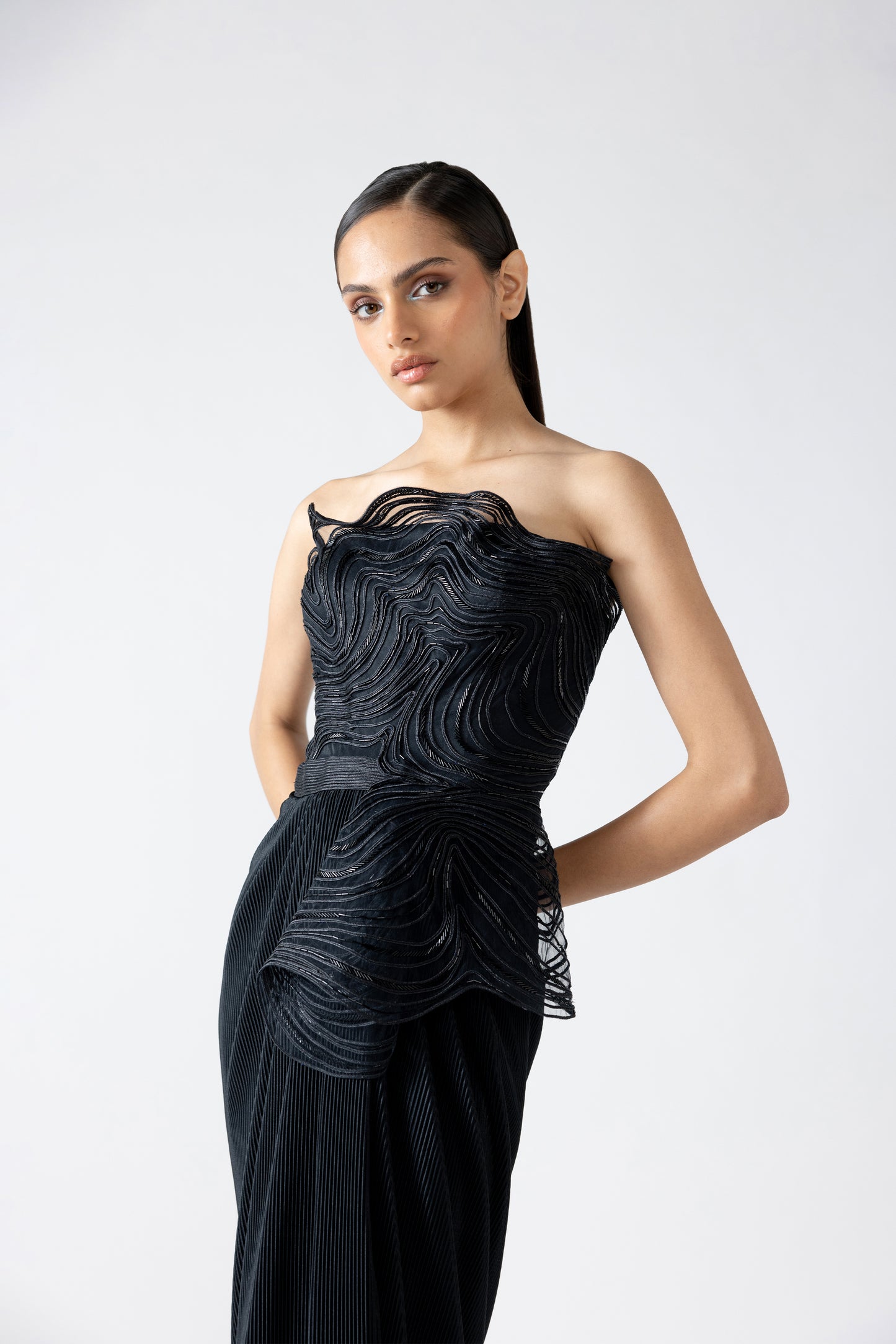 Moulded Off-Shoulder Plisse Gown