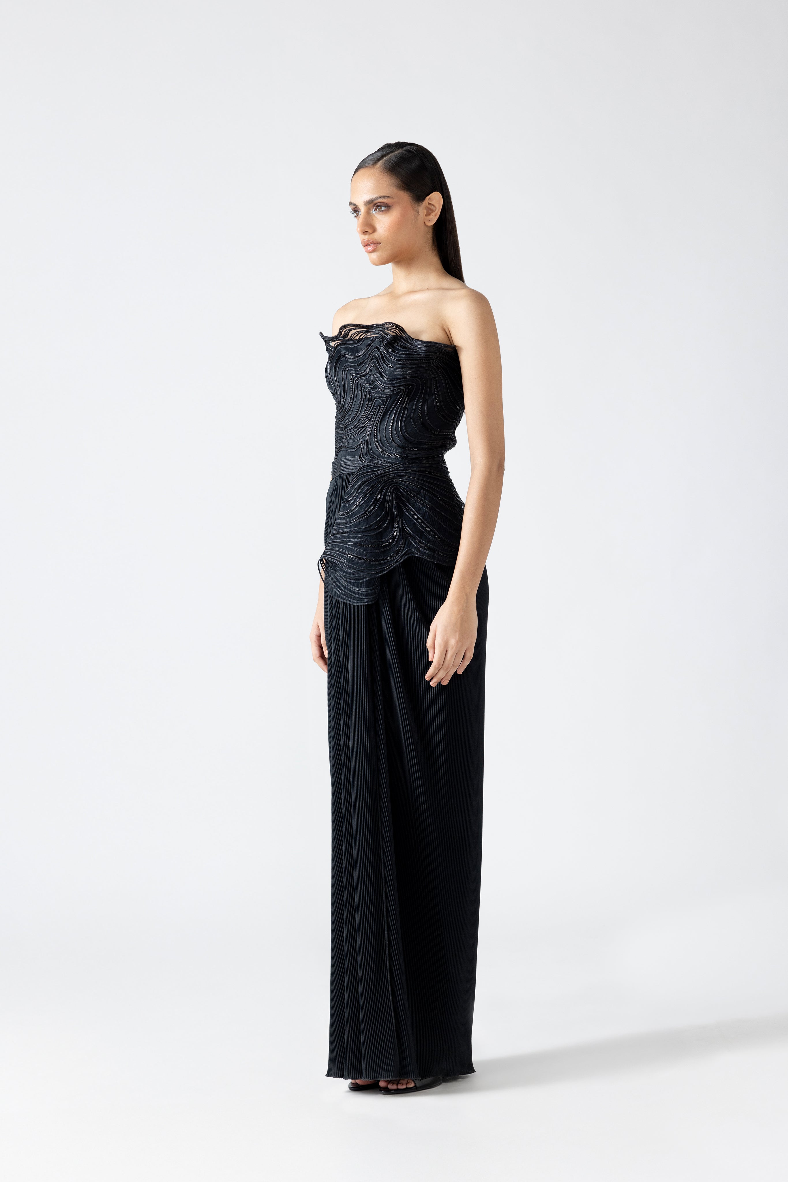 Moulded Off-Shoulder Plisse Gown