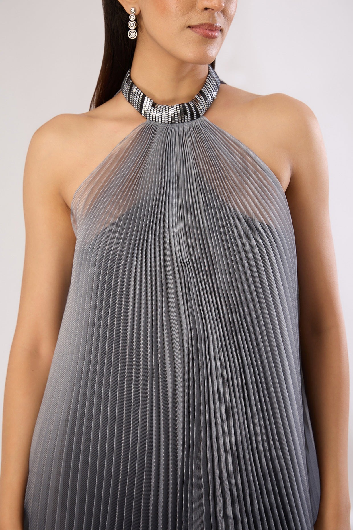 Metallic Polymer & Crepe Chiffon Maxi Dress