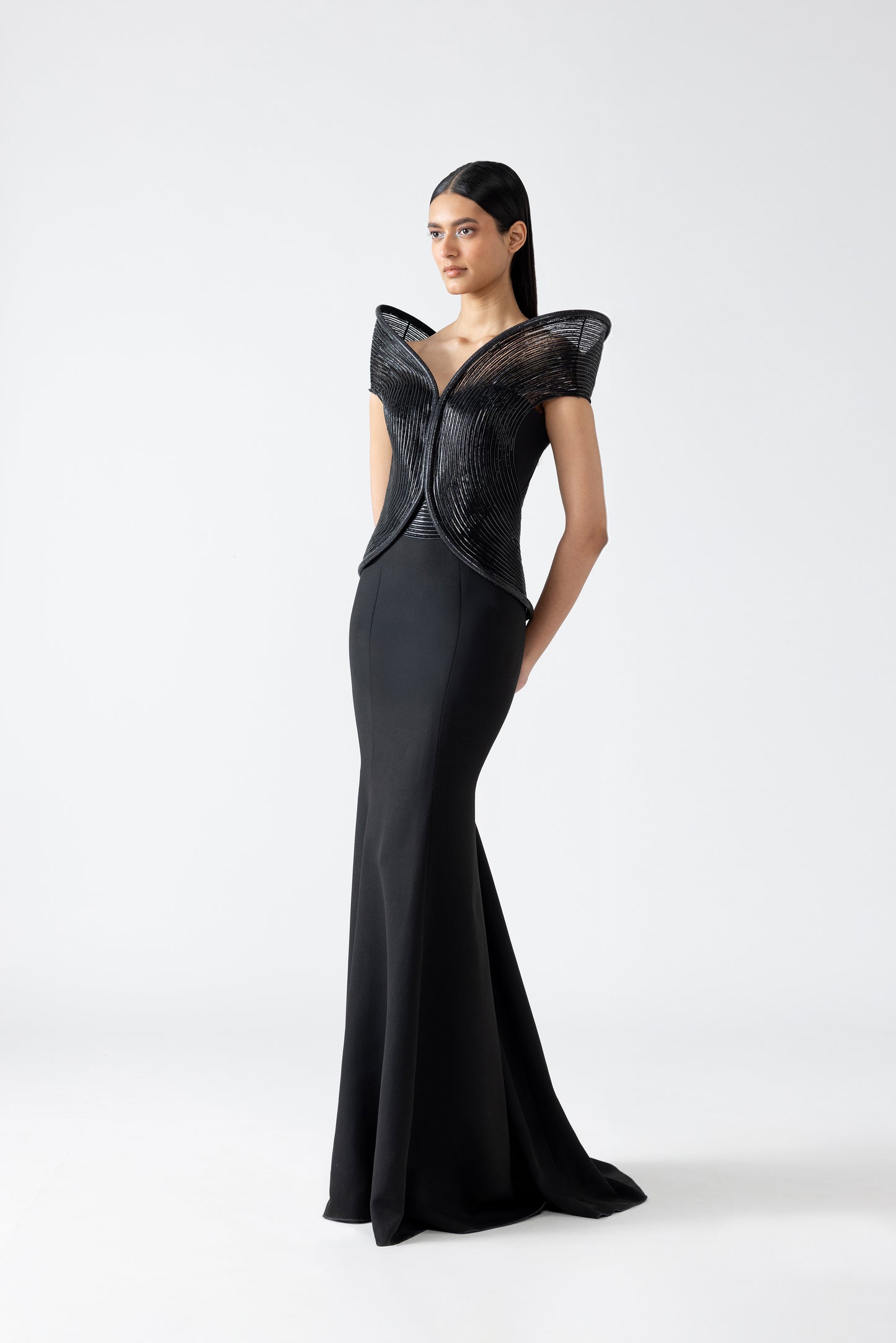 Moulded Off Shoulder Corded Gown