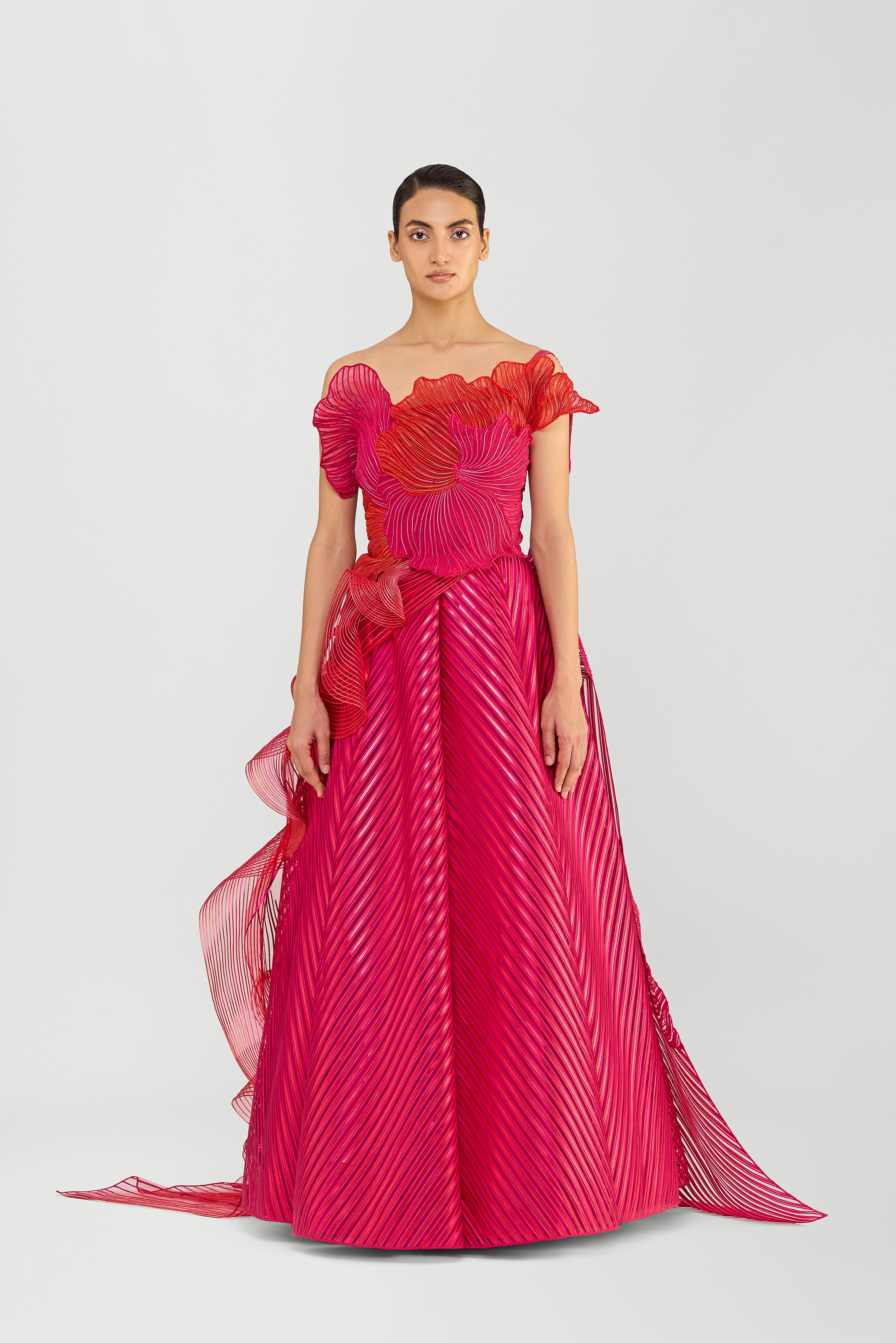 Corded Gown With A Ruffle Drape
