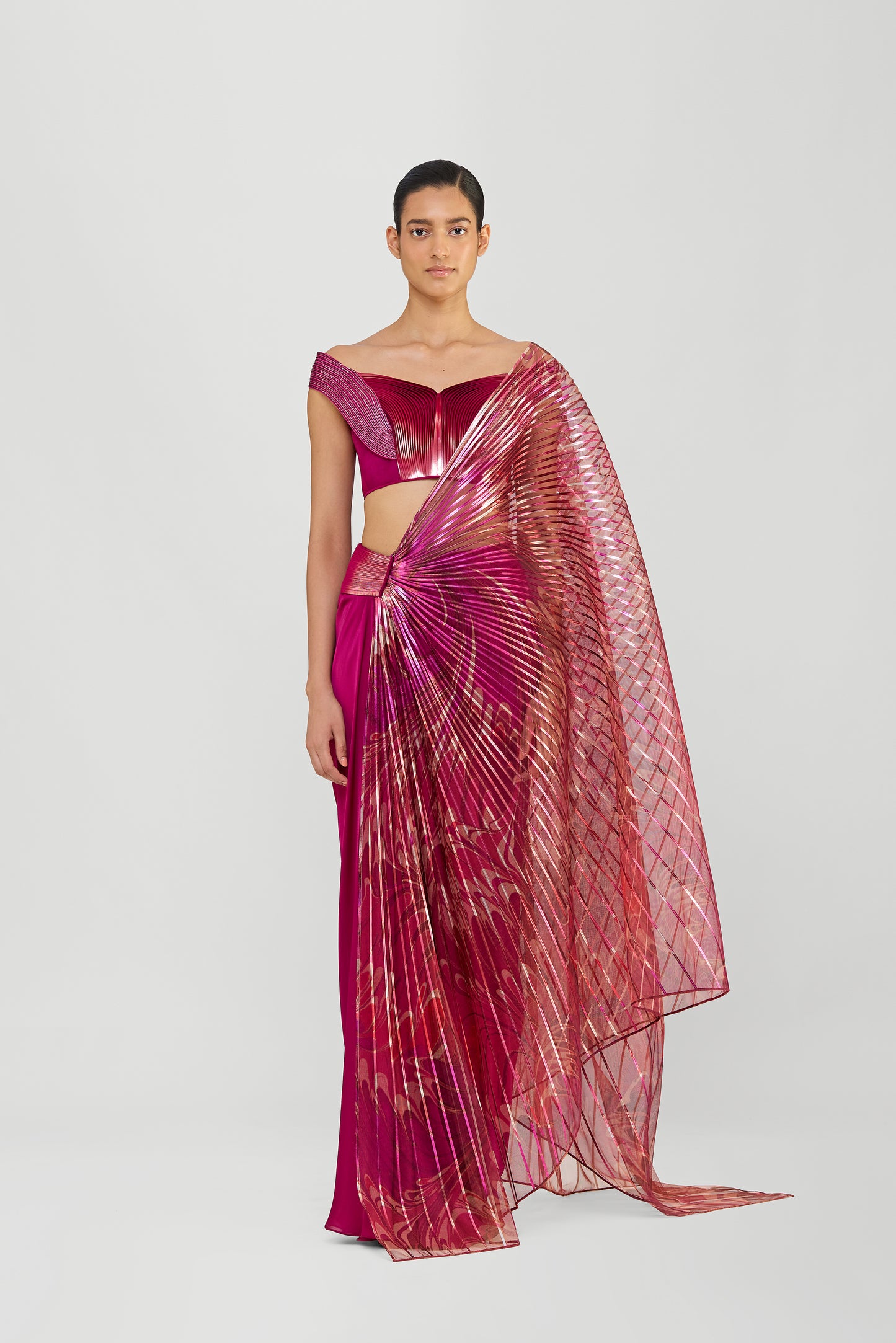 Metallic Saree With A Sunray Drape