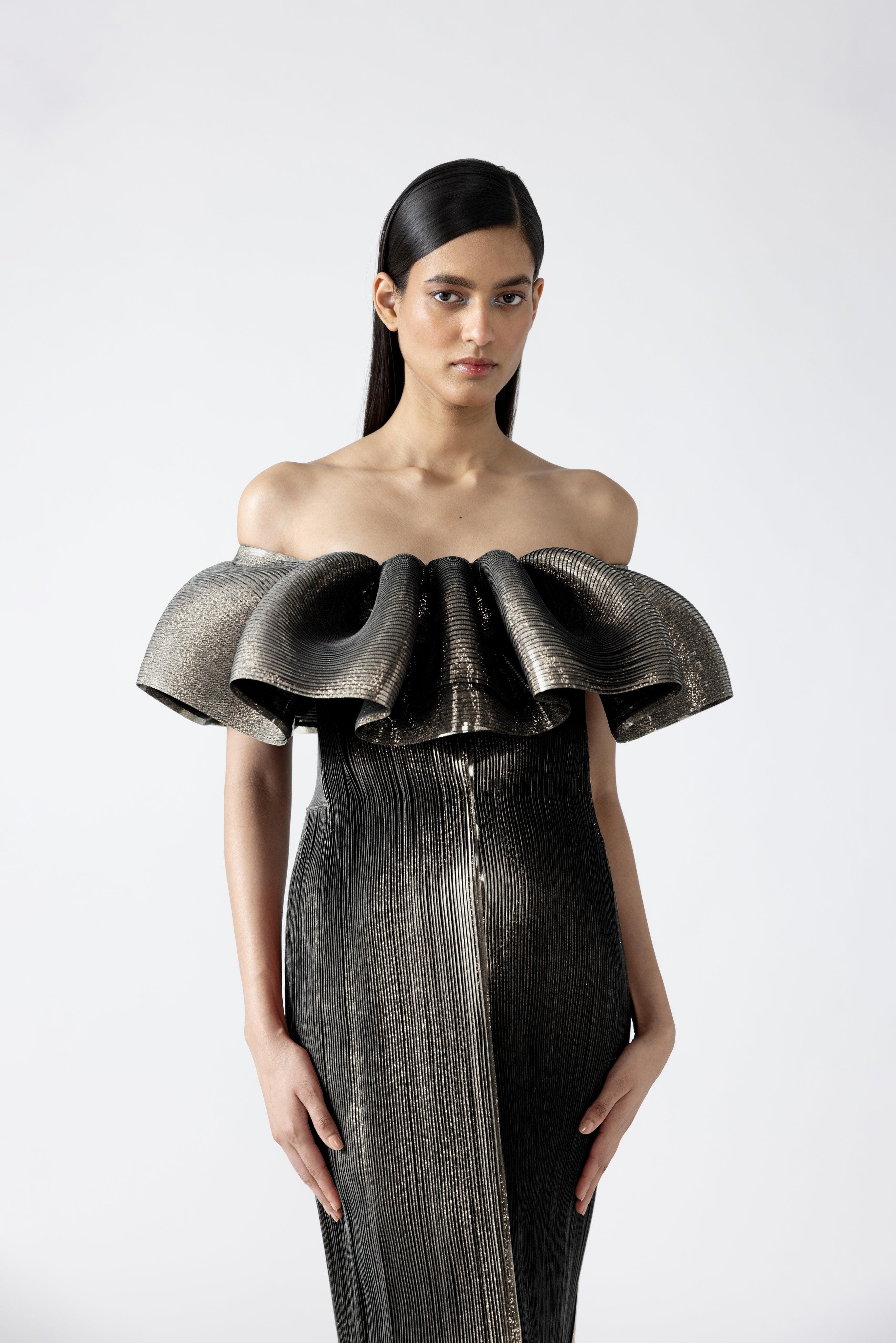 Moulded Metallic Ruffled Dress