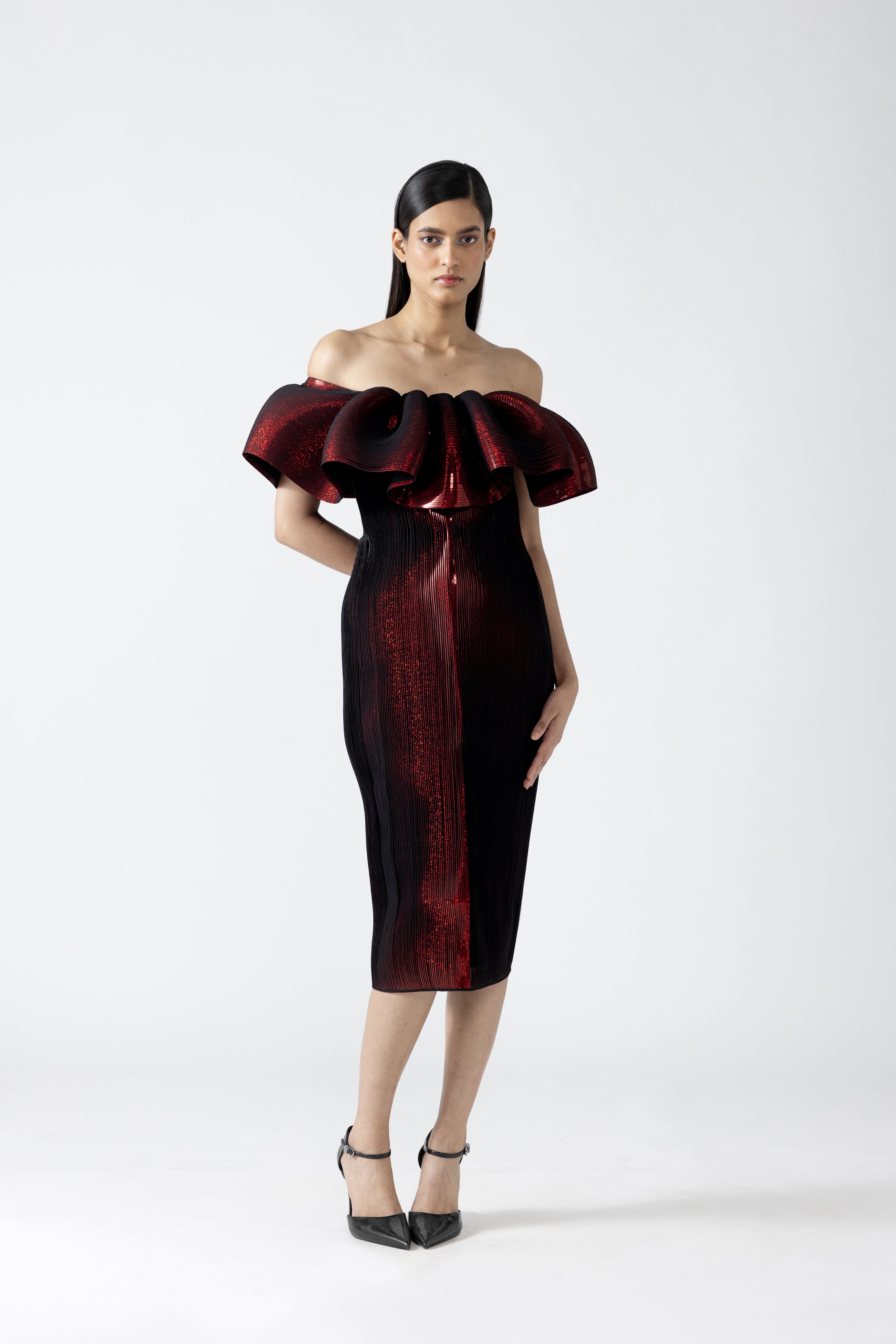 Moulded Metallic Ruffled Dress